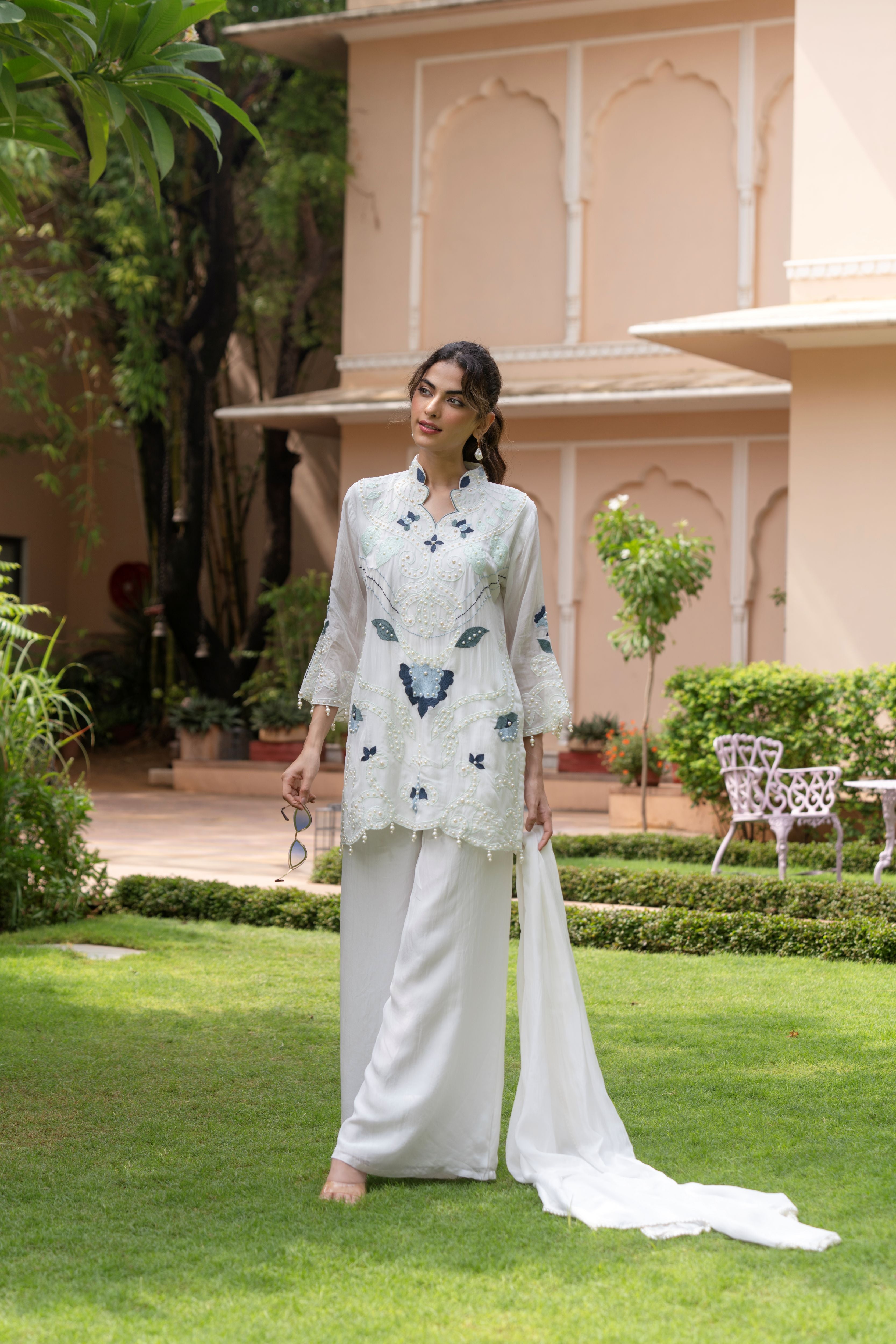 Ice White Embellished Organza Silk Palazzo Set