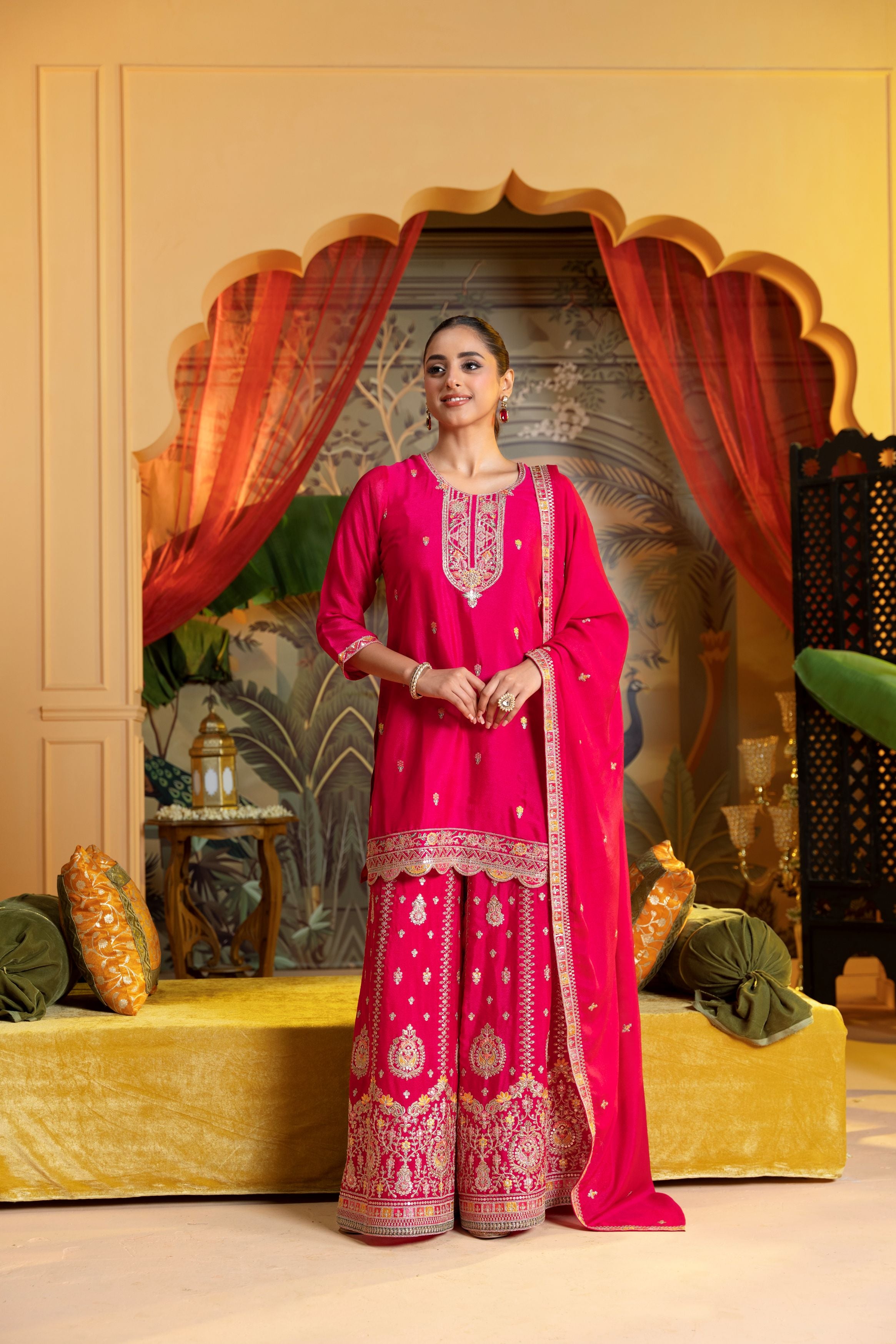 Dark Pink Embellished Chinon Silk Palazzo Set