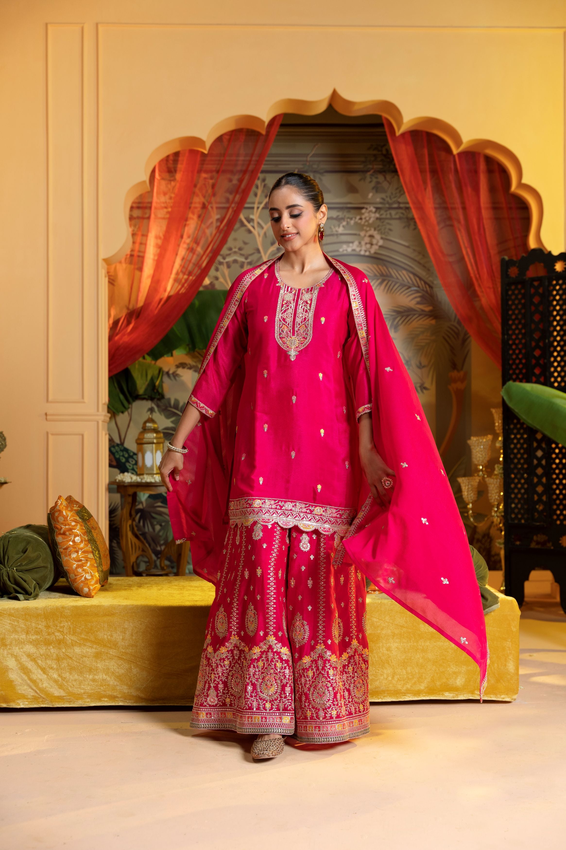 Dark Pink Embellished Chinon Silk Palazzo Set