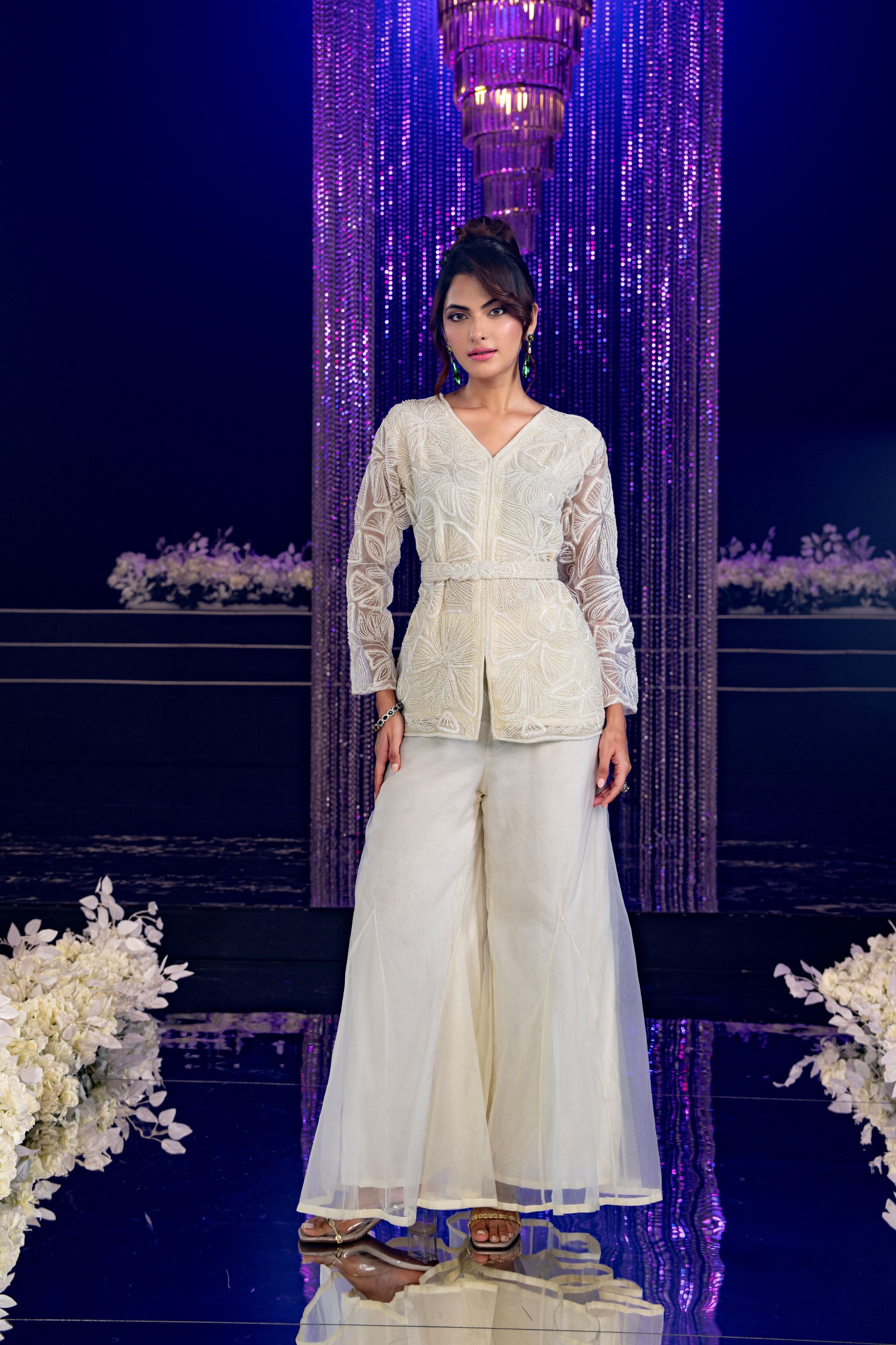 Pearl White Embellished Organza Silk Sharara Set