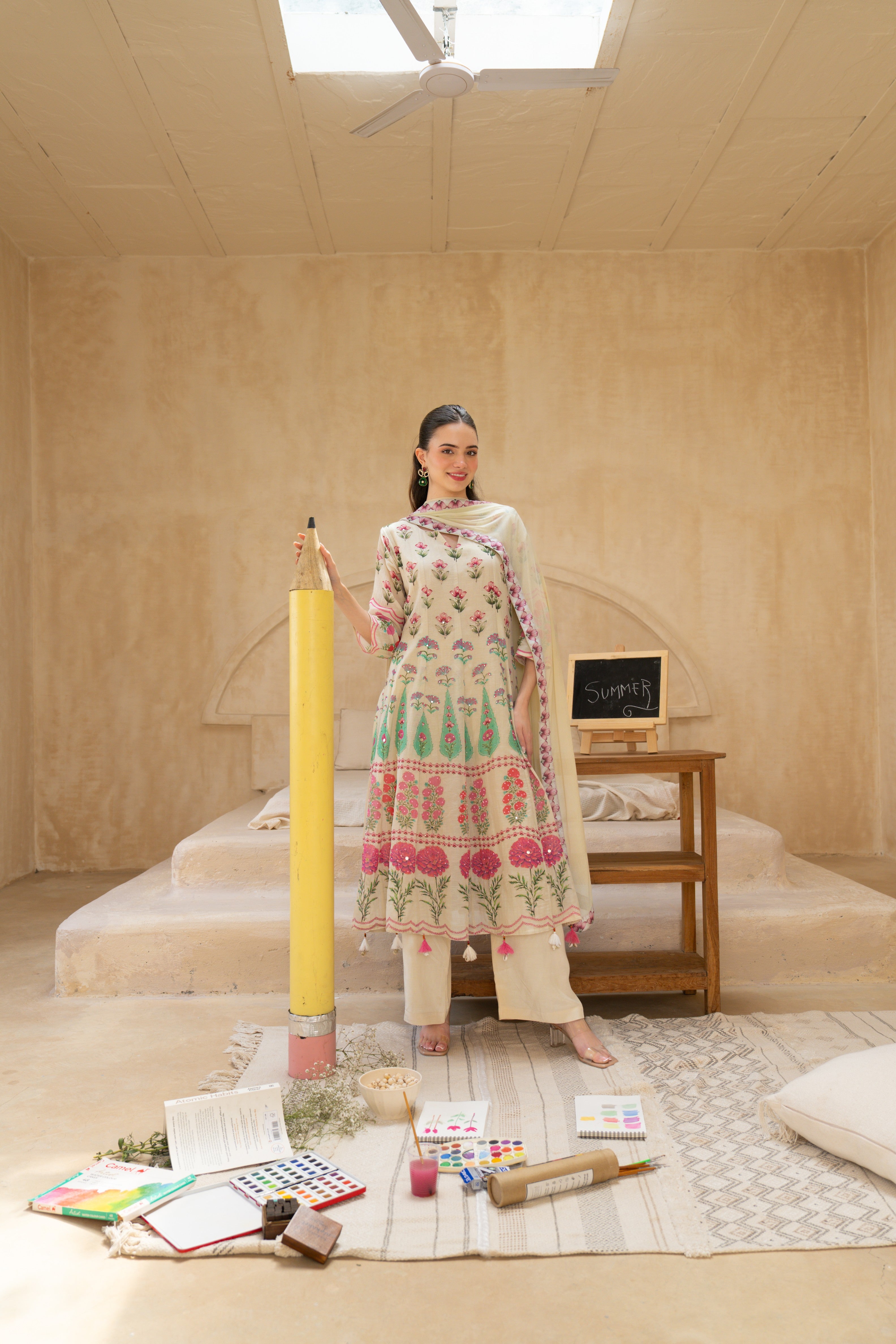 Ivory Gardenia Embellished Crepe Silk Anarkali Set