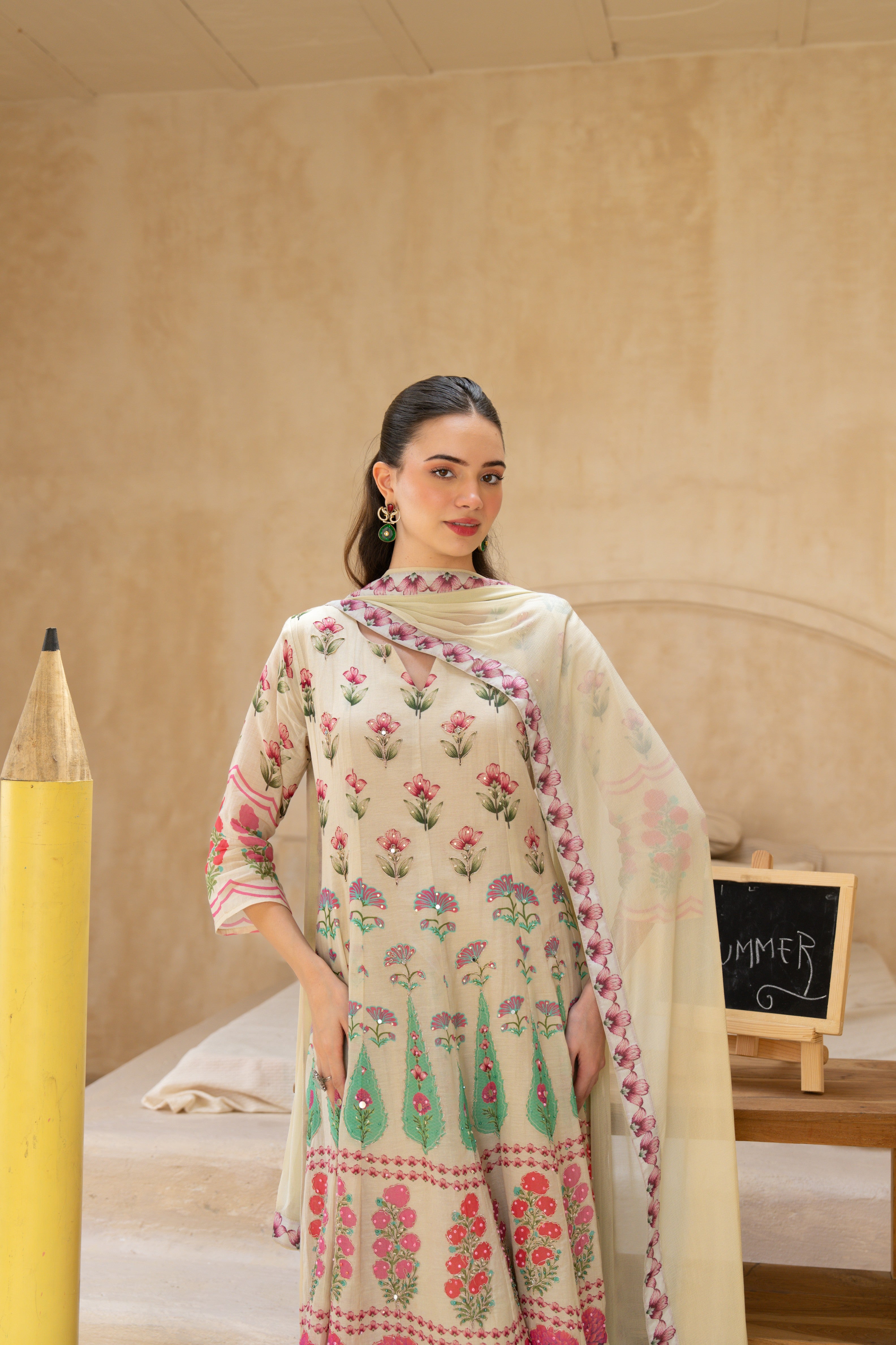 Ivory Gardenia Embellished Crepe Silk Anarkali Set