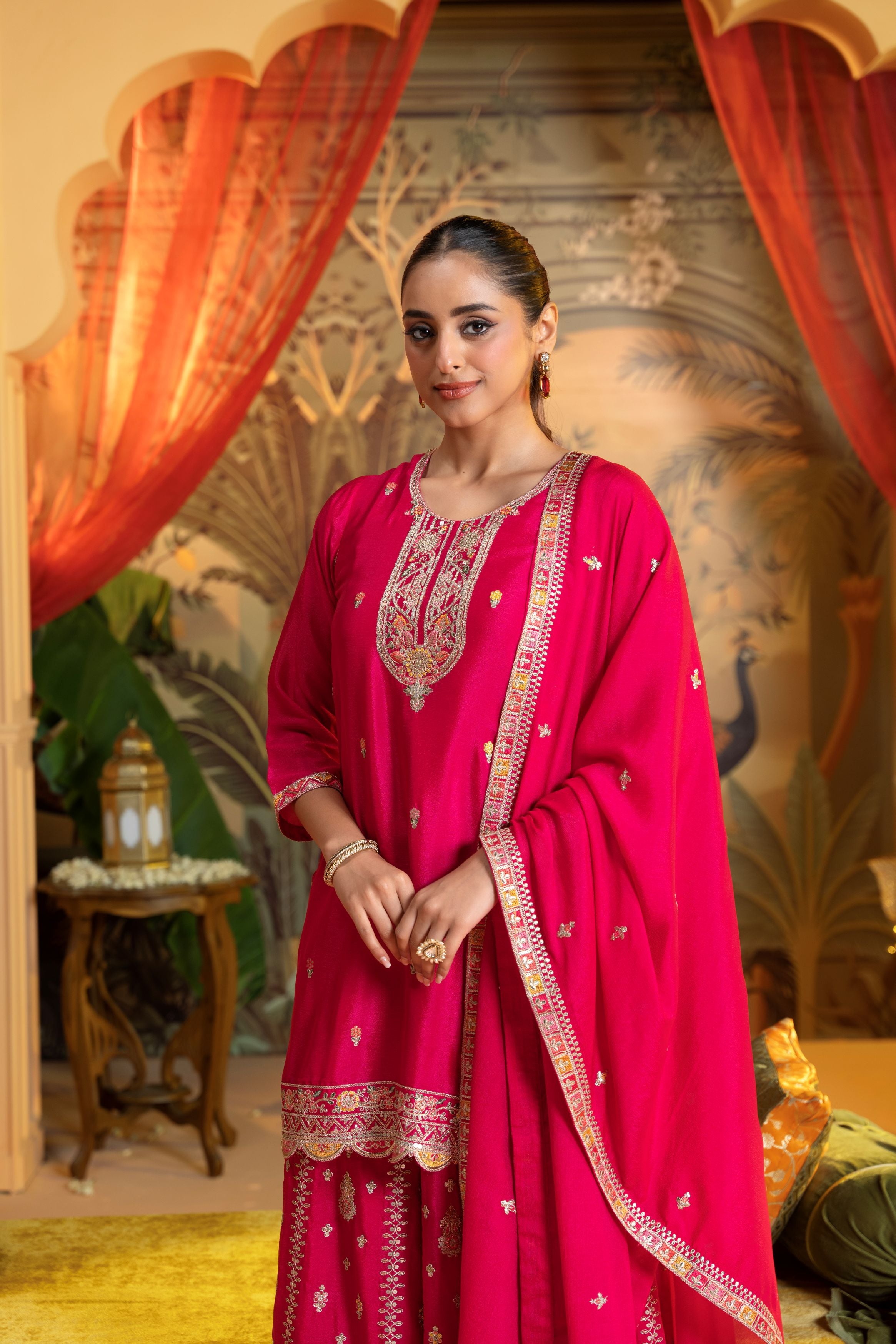 Dark Pink Embellished Chinon Silk Palazzo Set