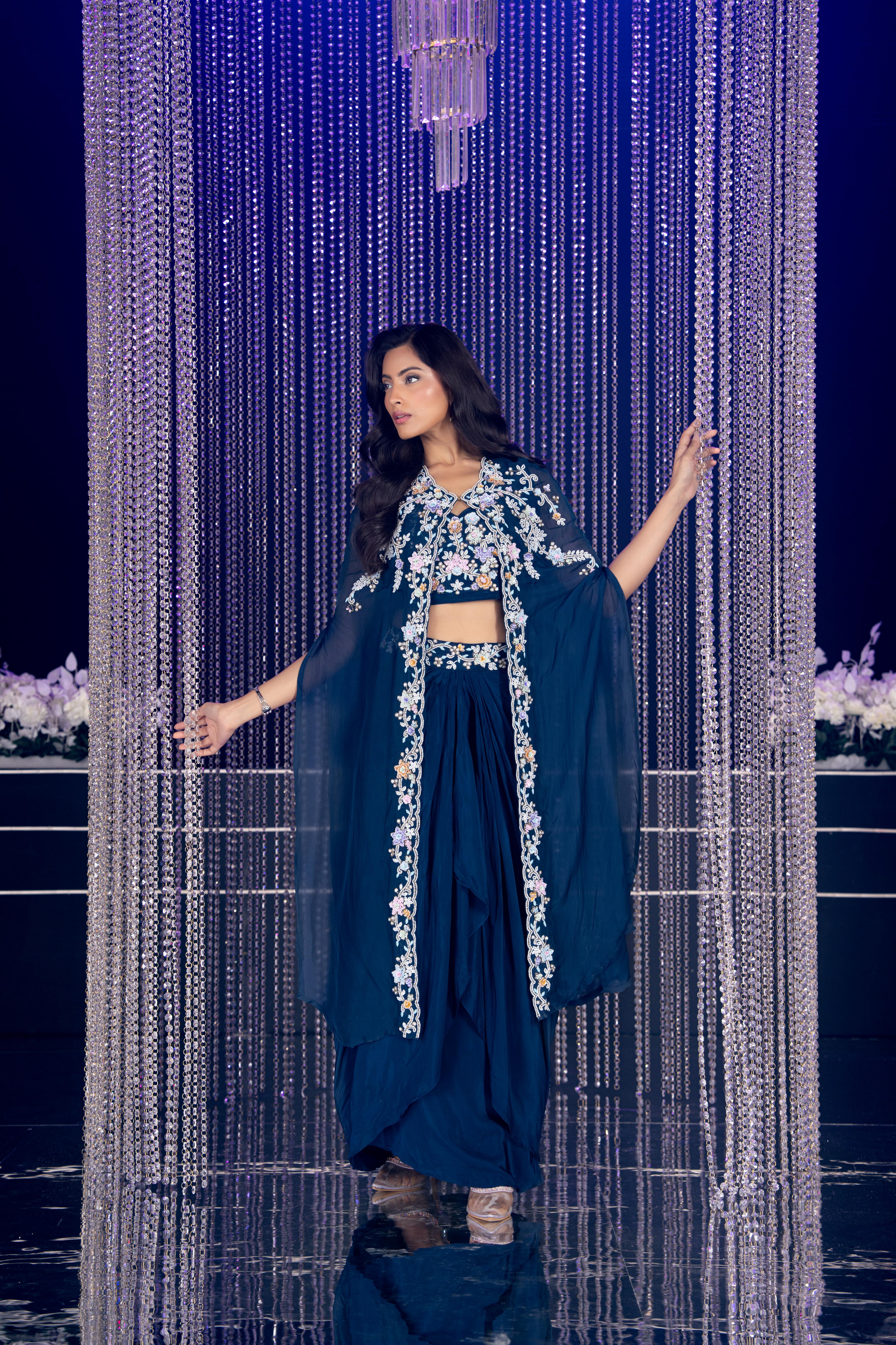Rich Navy Blue Embellished Crepe Silk Cape Set