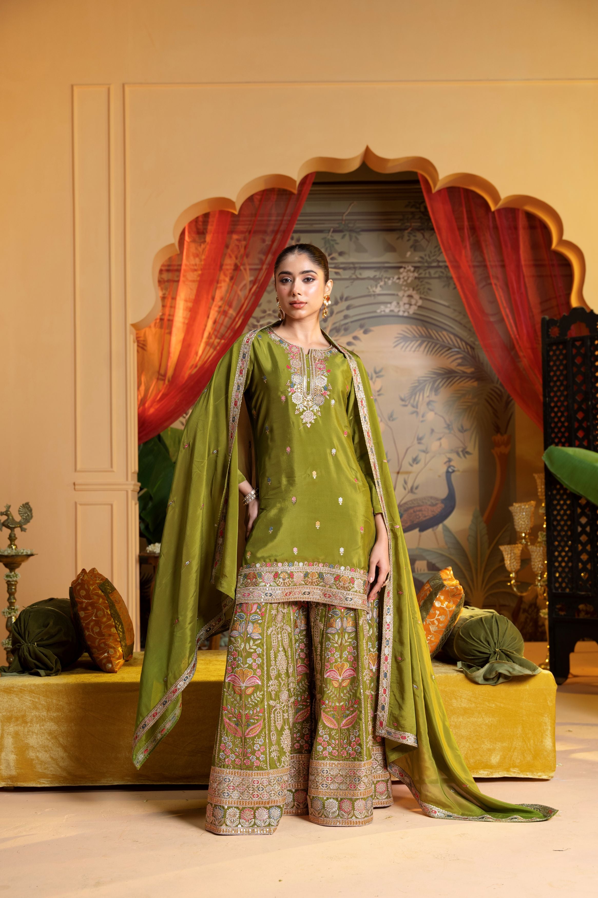 Olive Green Embellished Chinon Silk Palazzo Set