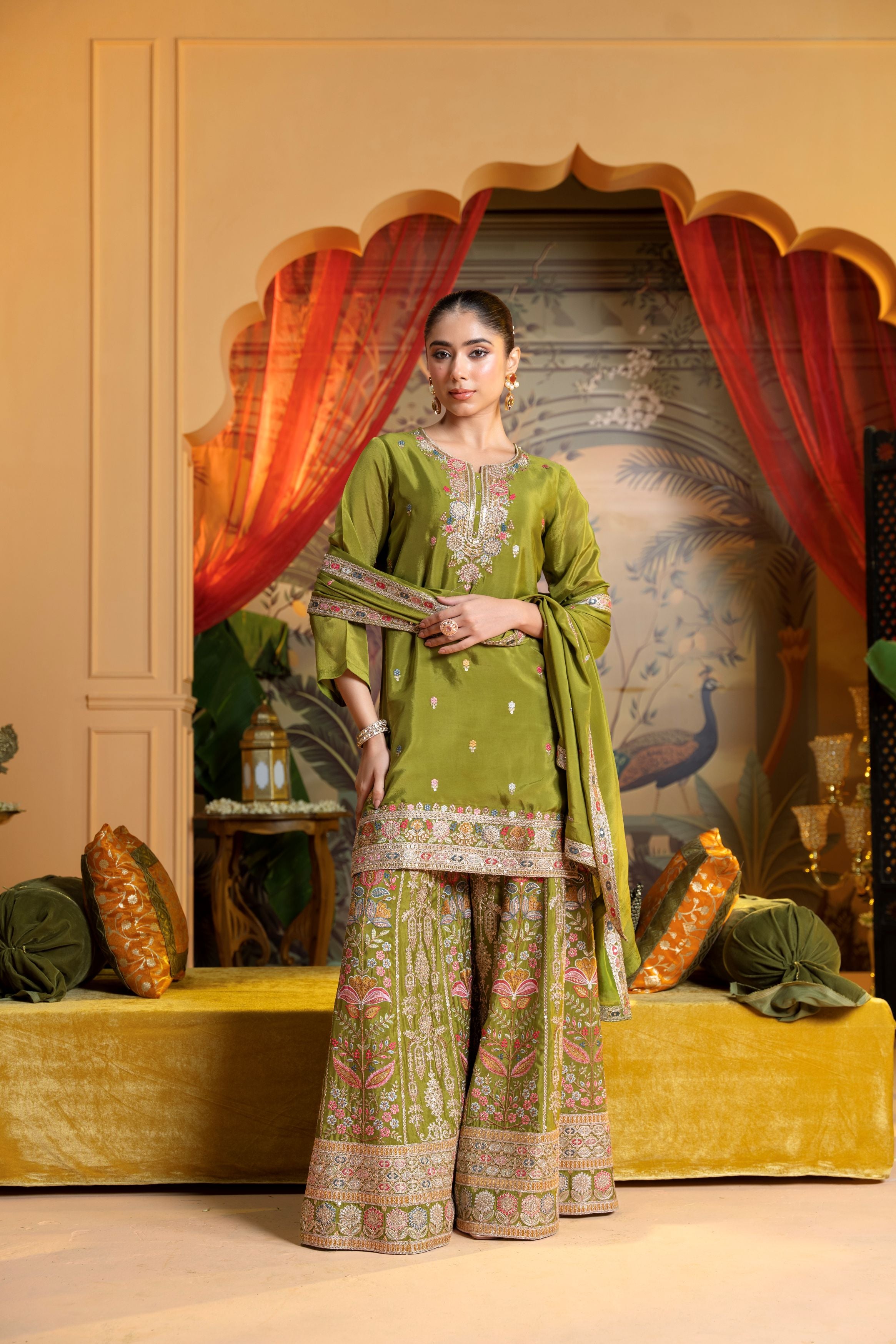 Olive Green Embellished Chinon Silk Palazzo Set