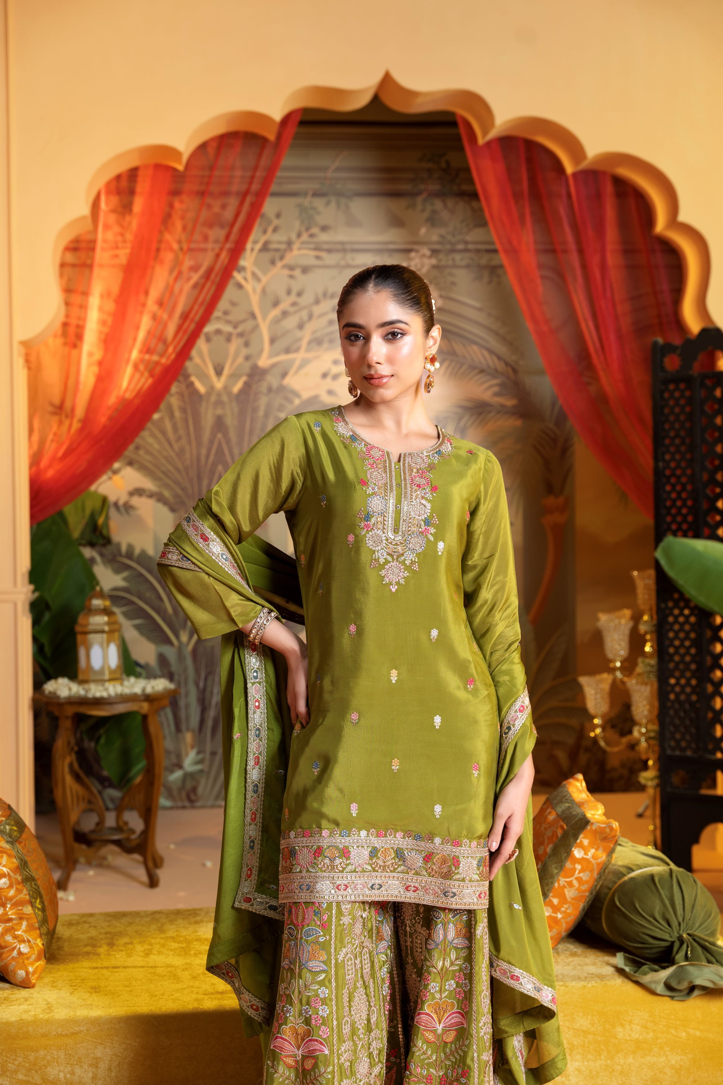 Olive Green Embellished Chinon Silk Palazzo Set