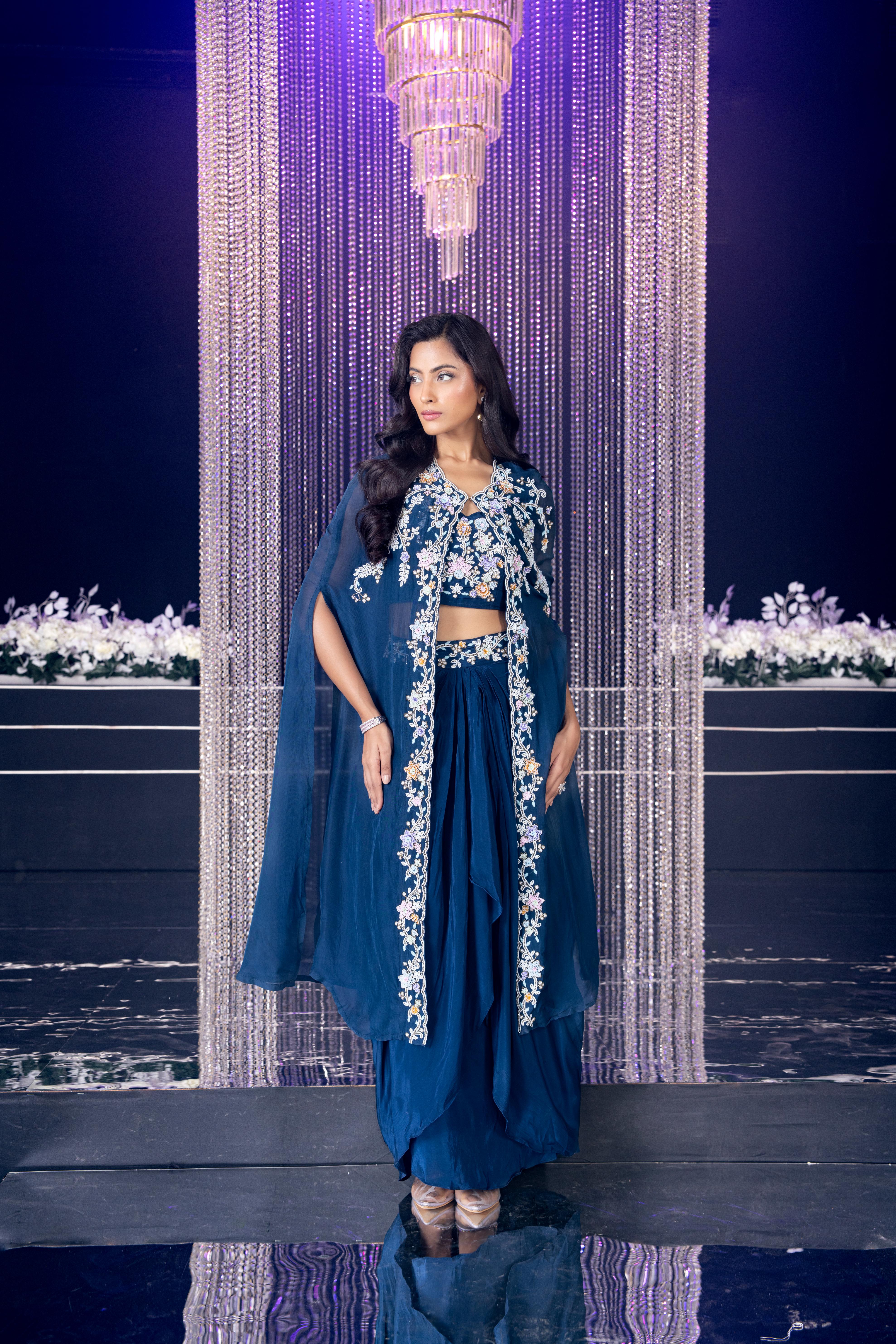 Rich Navy Blue Embellished Crepe Silk Cape Set
