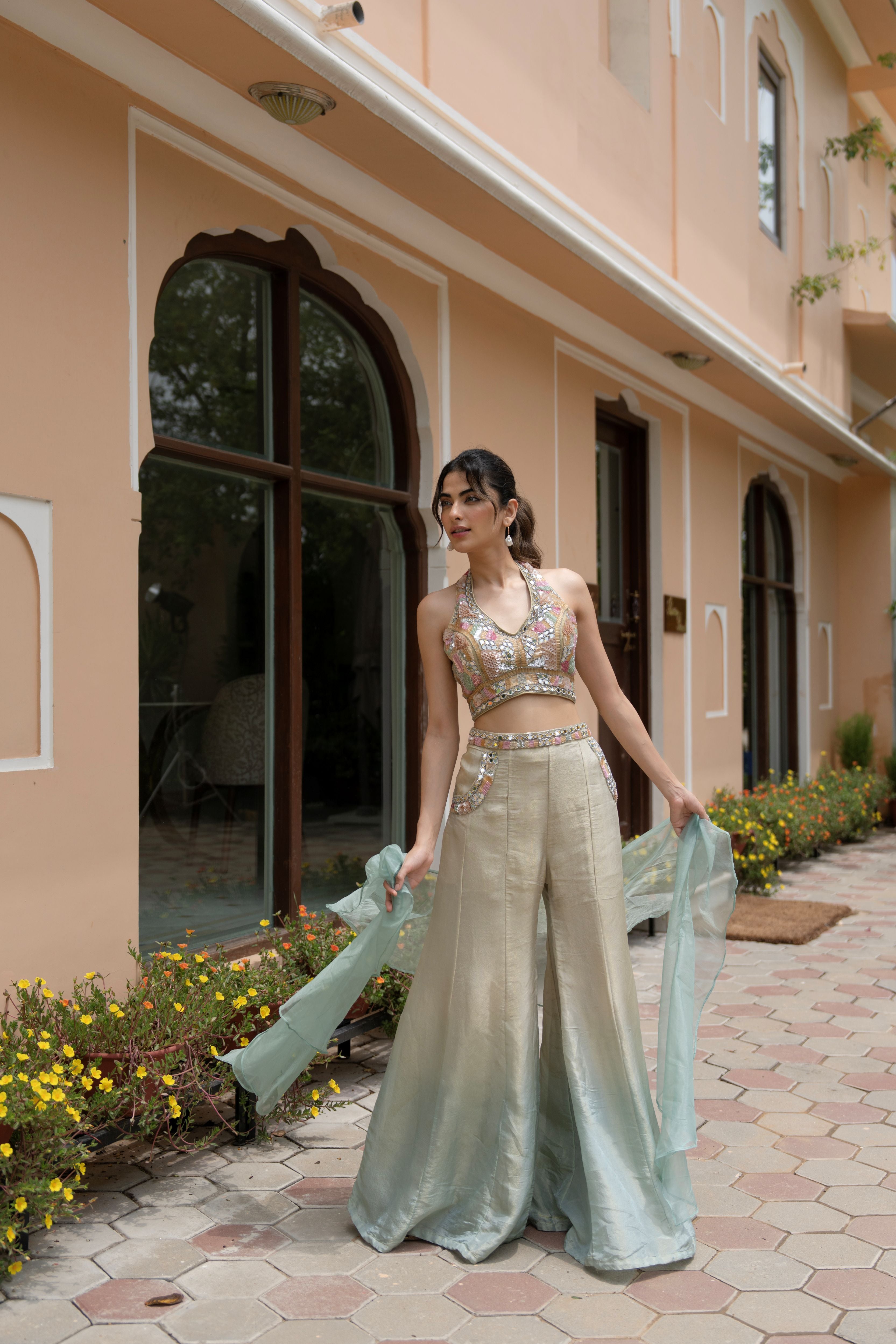 Sand Ombre Embellished Shimmer Tissue Palazzo Set