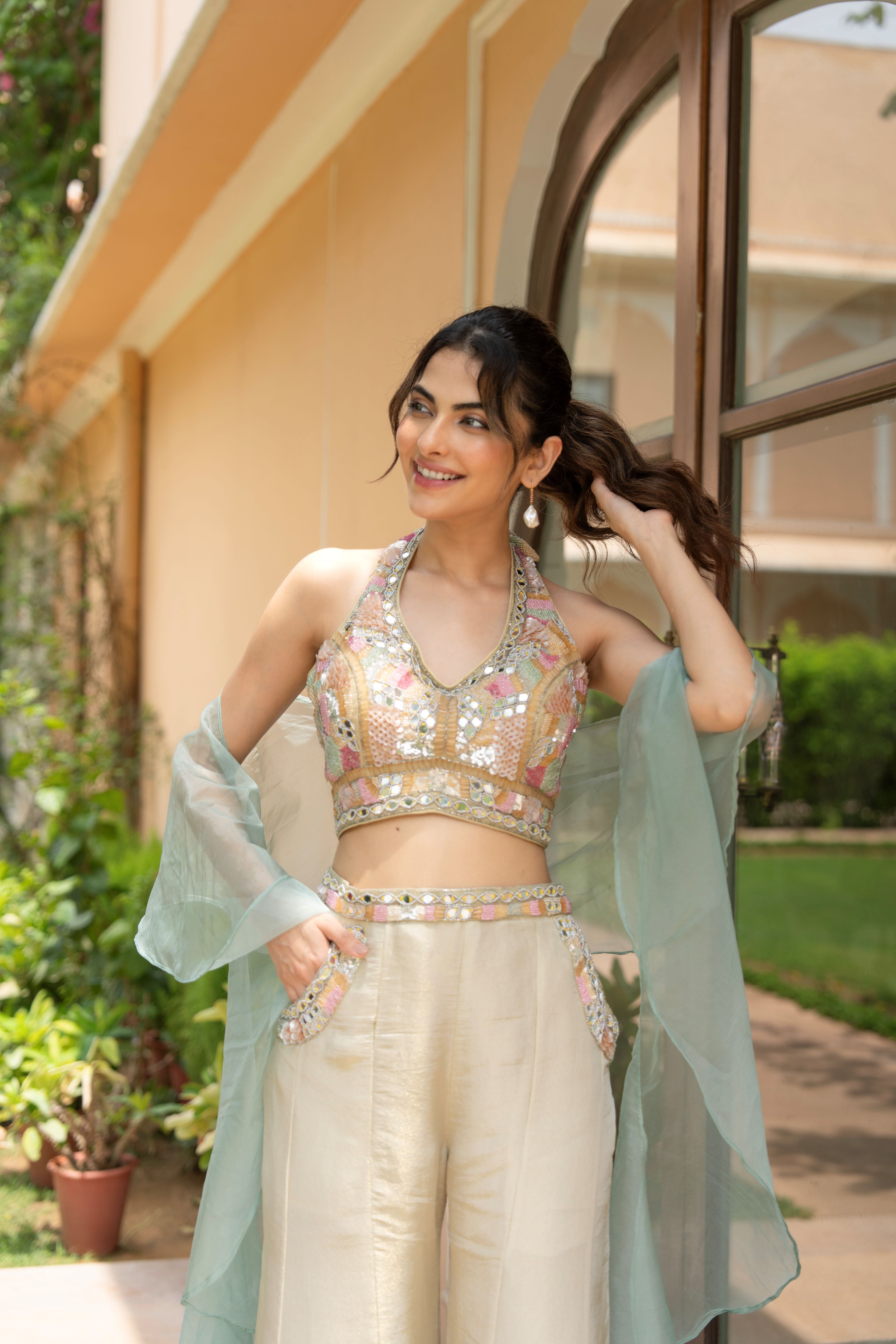 Sand Ombre Embellished Shimmer Tissue Palazzo Set