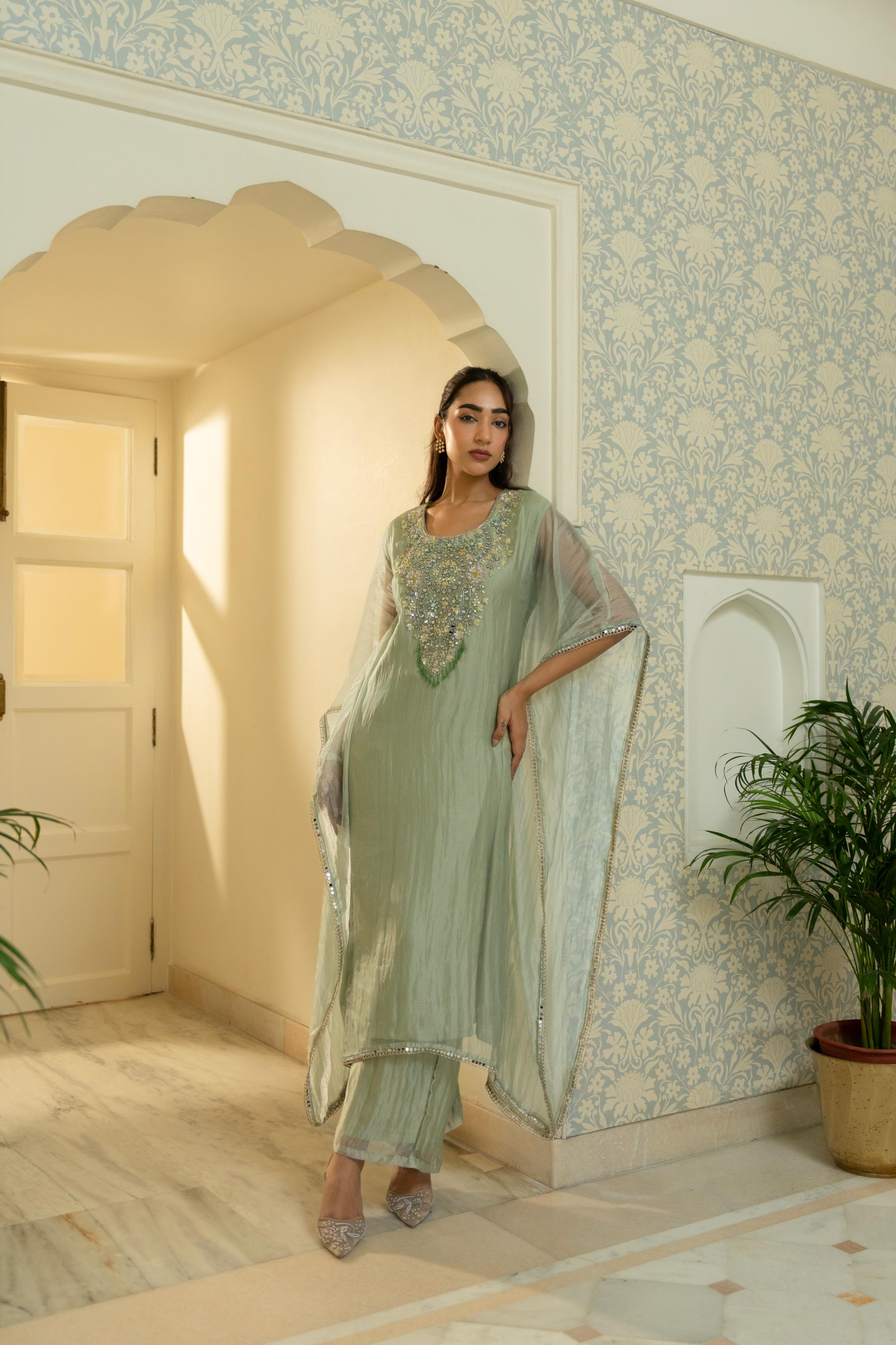 Light Pistachio Embellished Tissue Silk Kaftan Set
