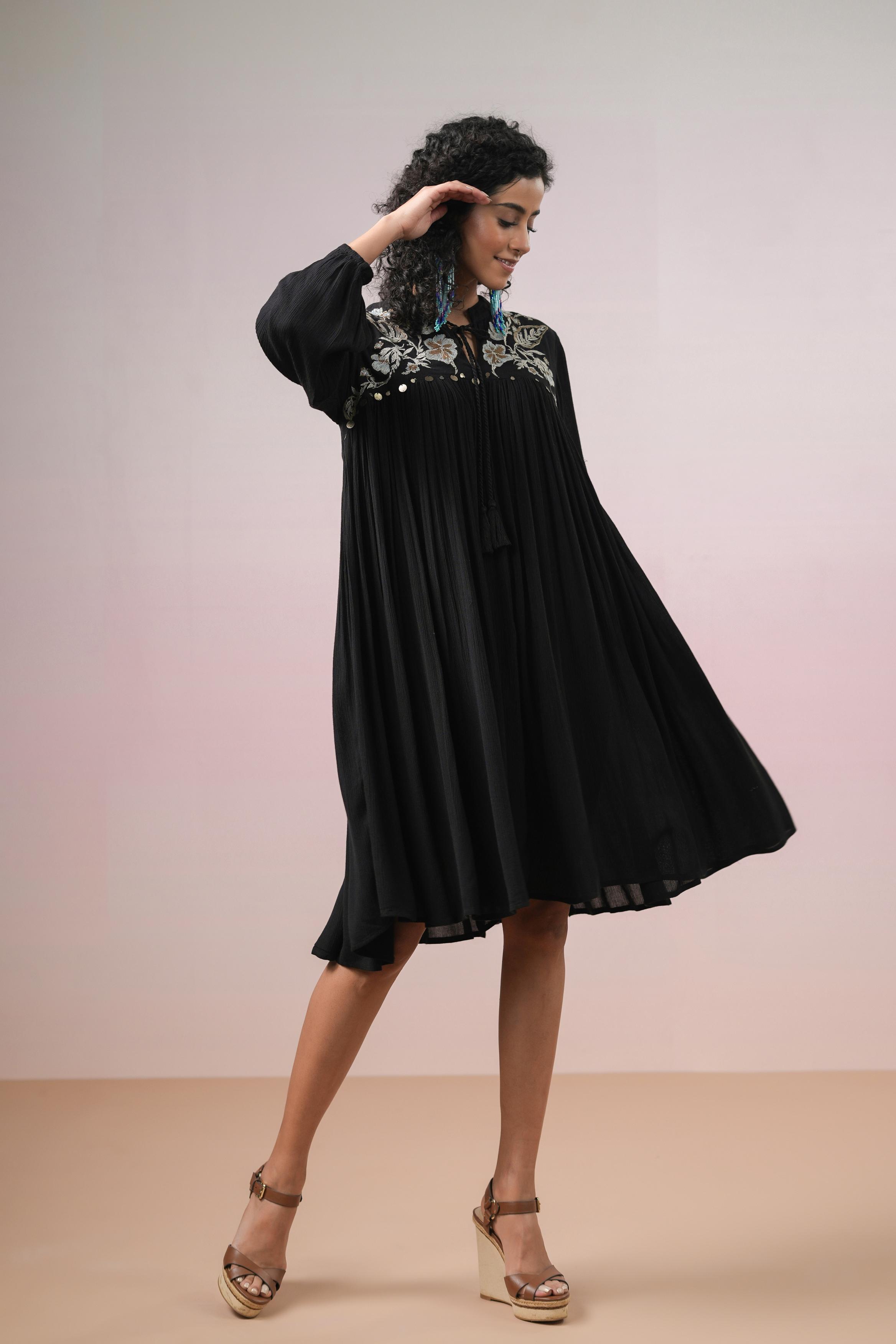 Black Floral Embroidered Italian Linen Dress