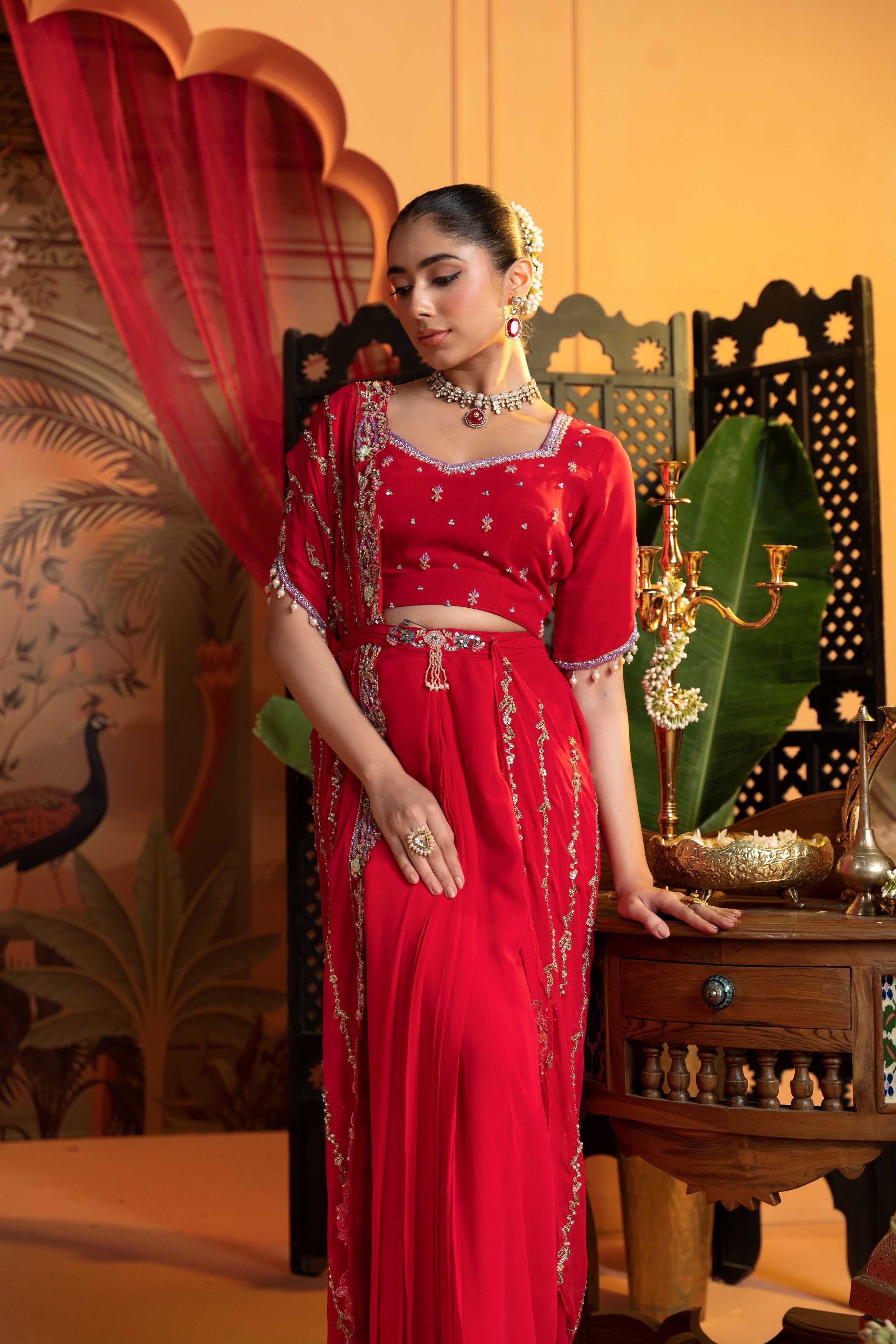 Dark Pink Embellished Georgette Silk Skirt Set