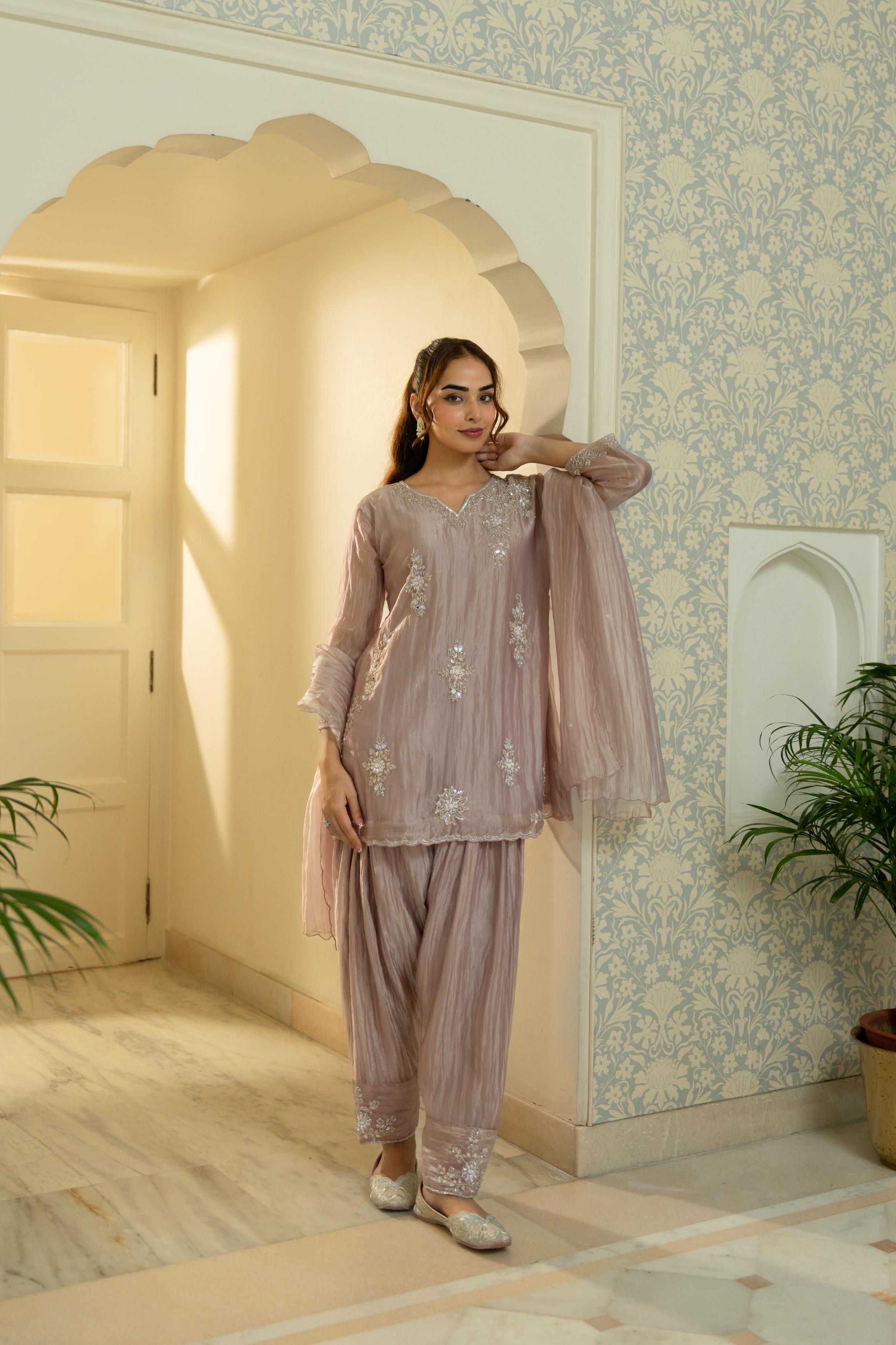 Dusty Mauve Embellished Tissue Silk Pants Set