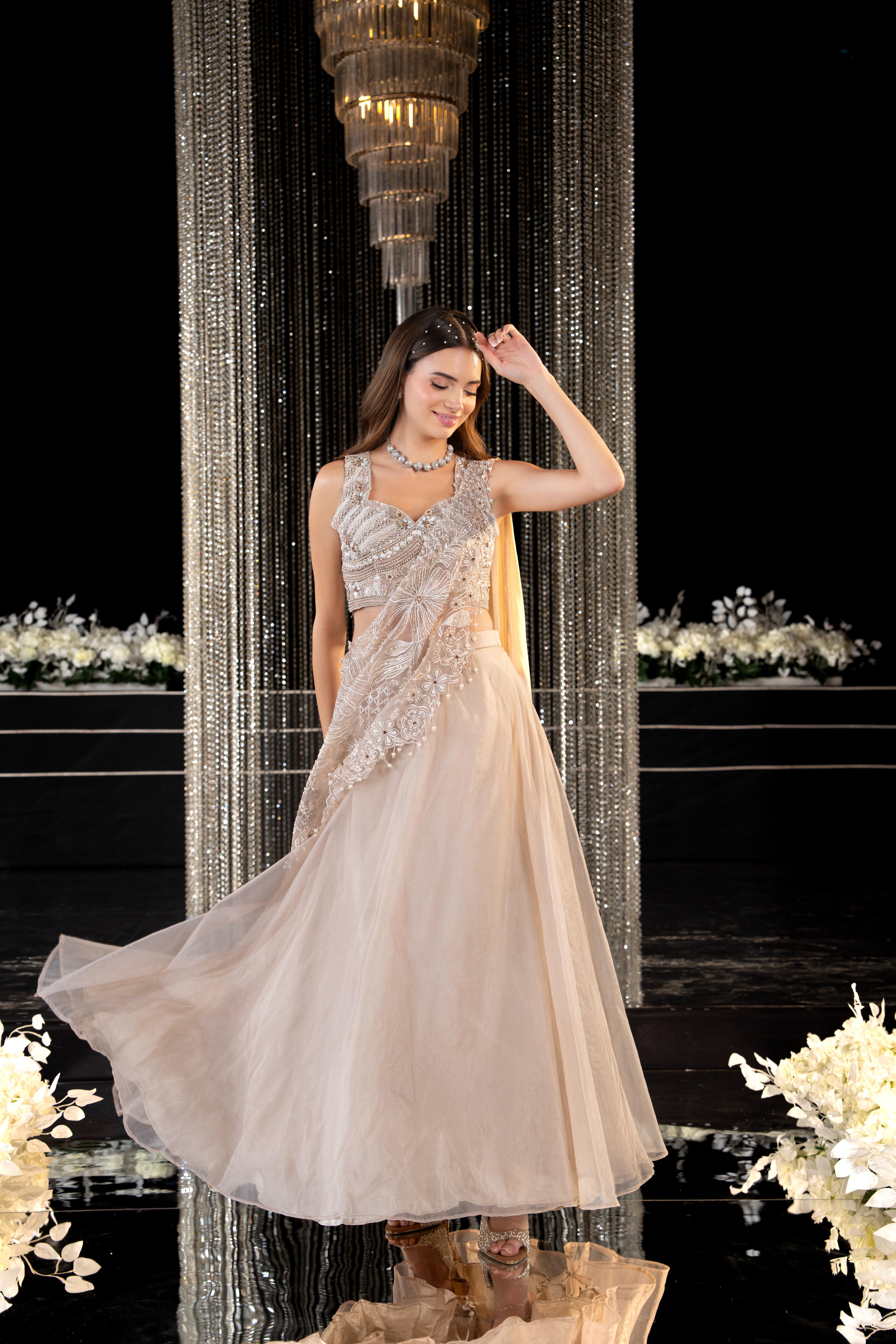 Nude Beige Embellished Soft Organza Silk Drape Skirt Set