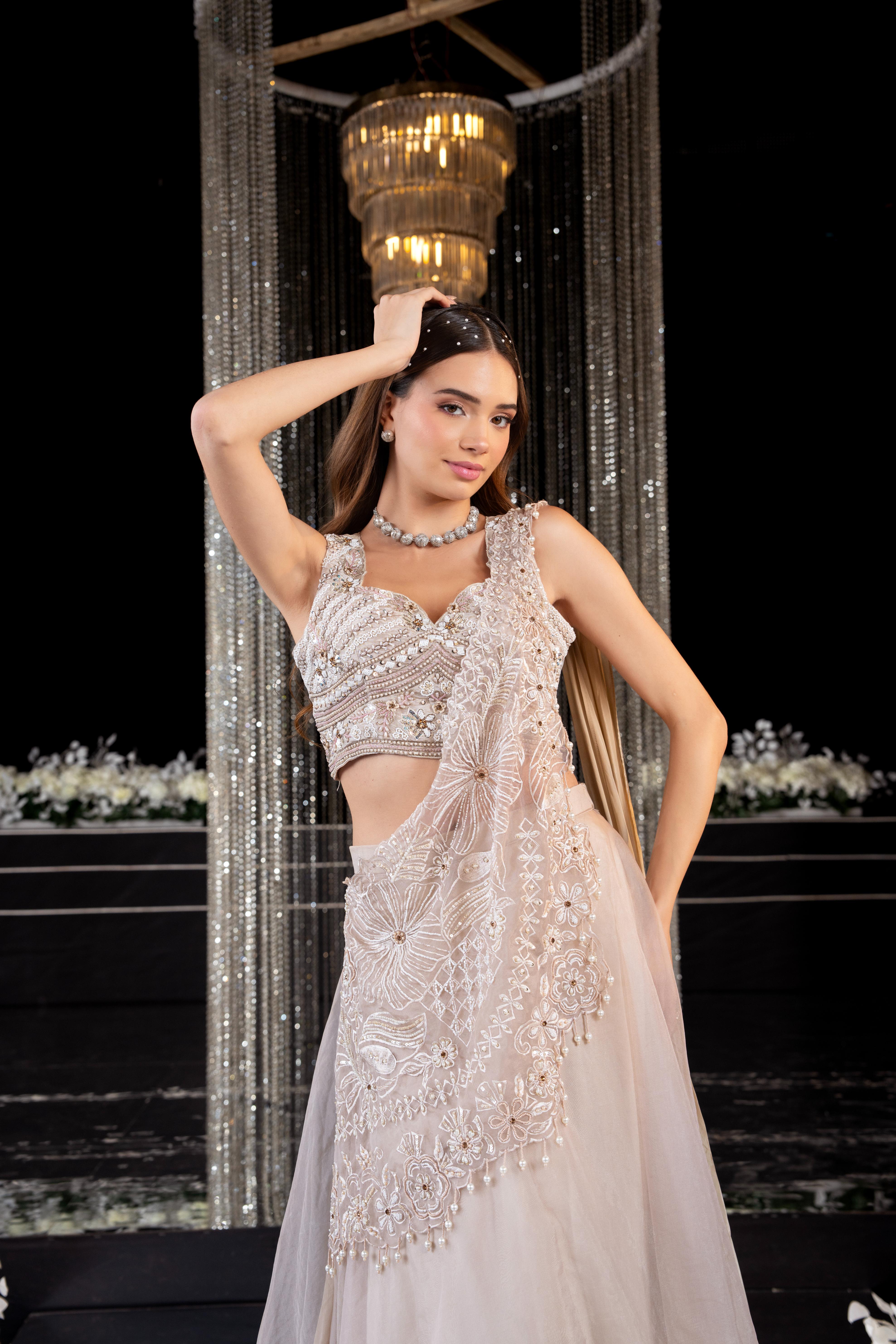 Nude Beige Embellished Soft Organza Silk Drape Skirt Set