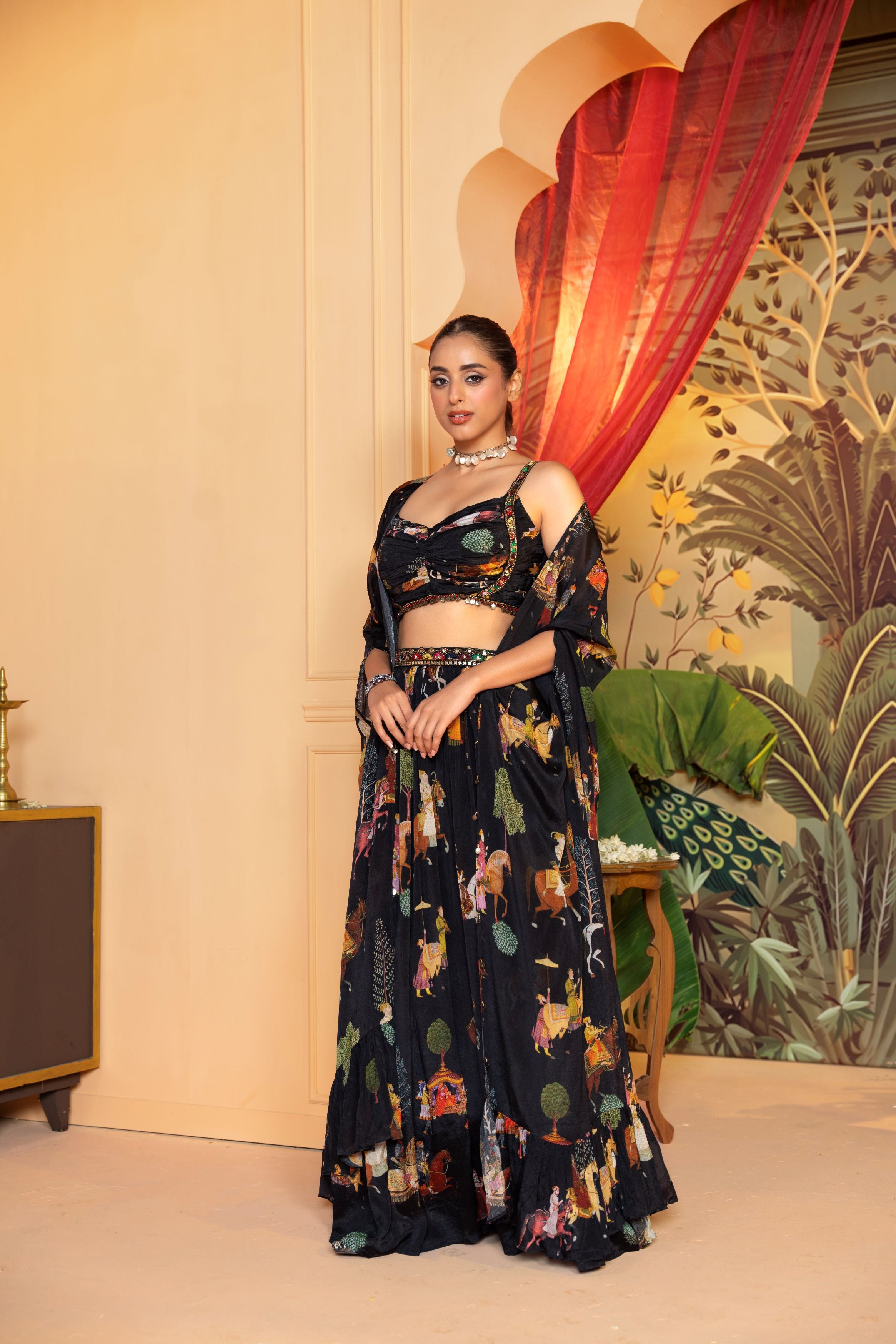 Elegant Black Embellished Chinon Silk Cape Skirt Set