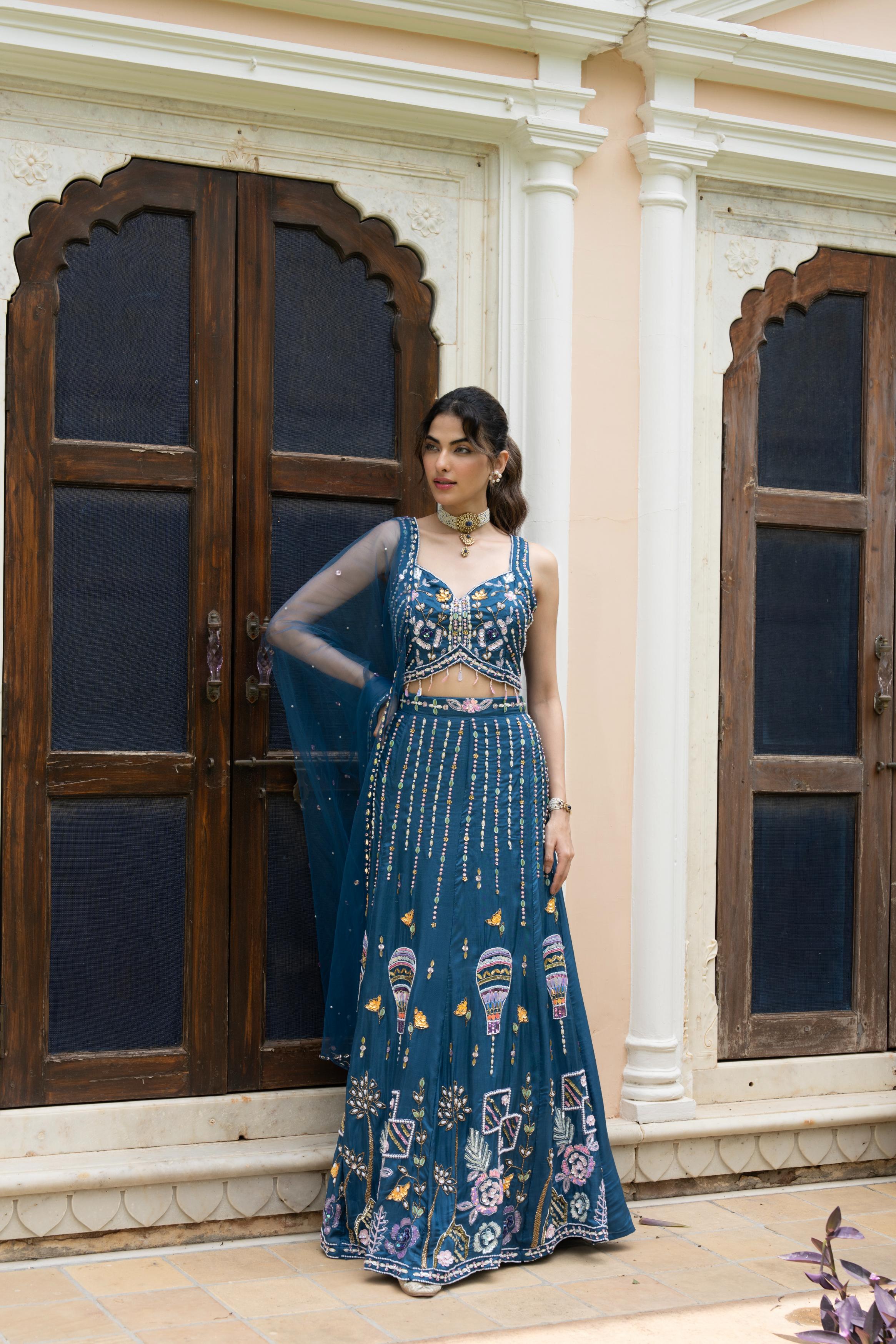 Peacock Blue Embellished Crepe Silk Skirt Set
