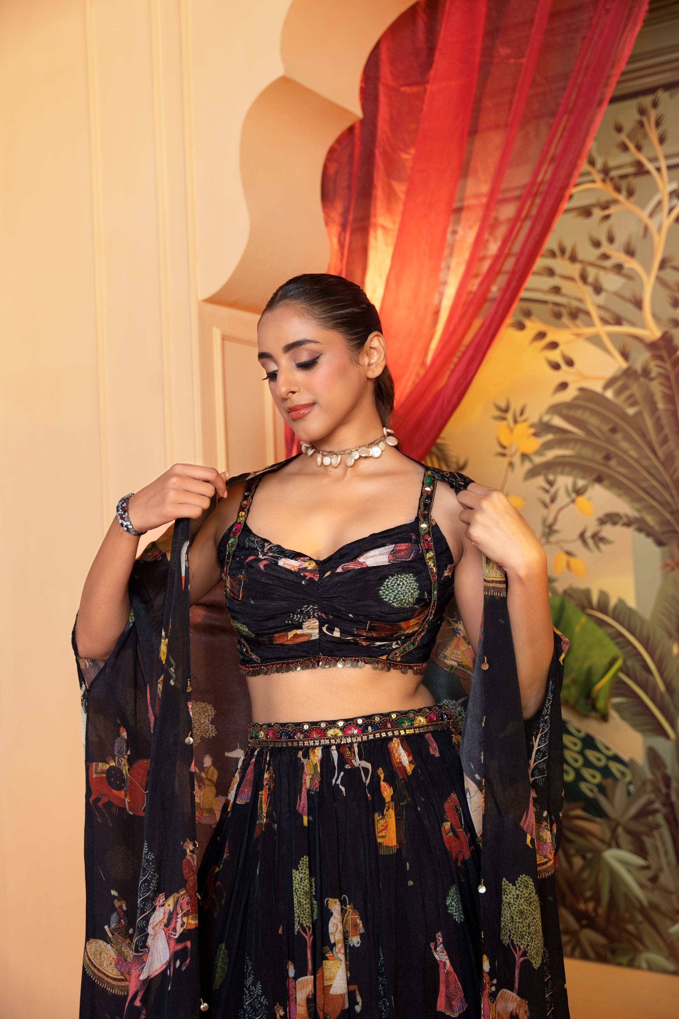 Elegant Black Embellished Chinon Silk Cape Skirt Set