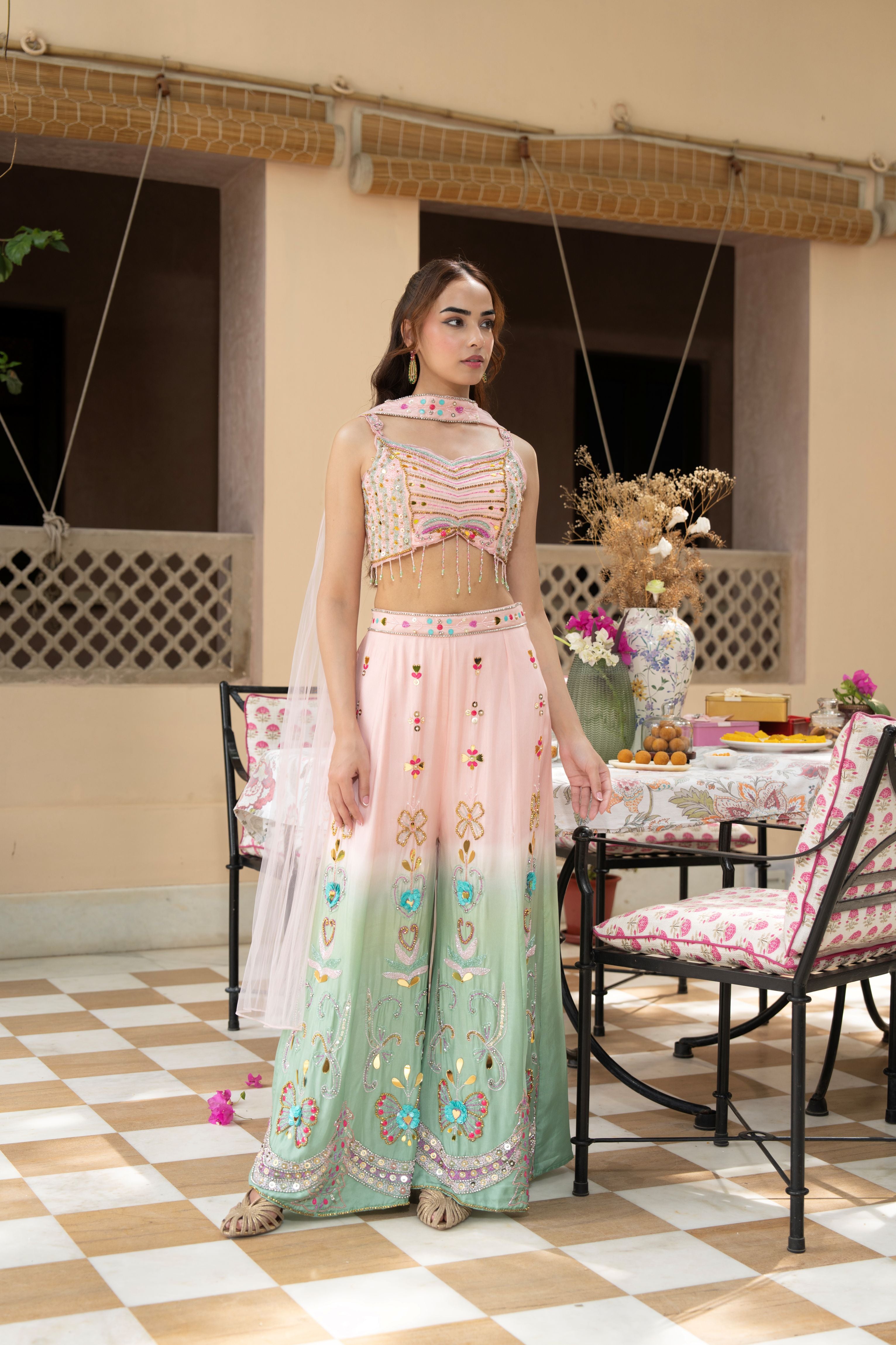 Pink Blush Embellished Crepe Silk Palazzo Set