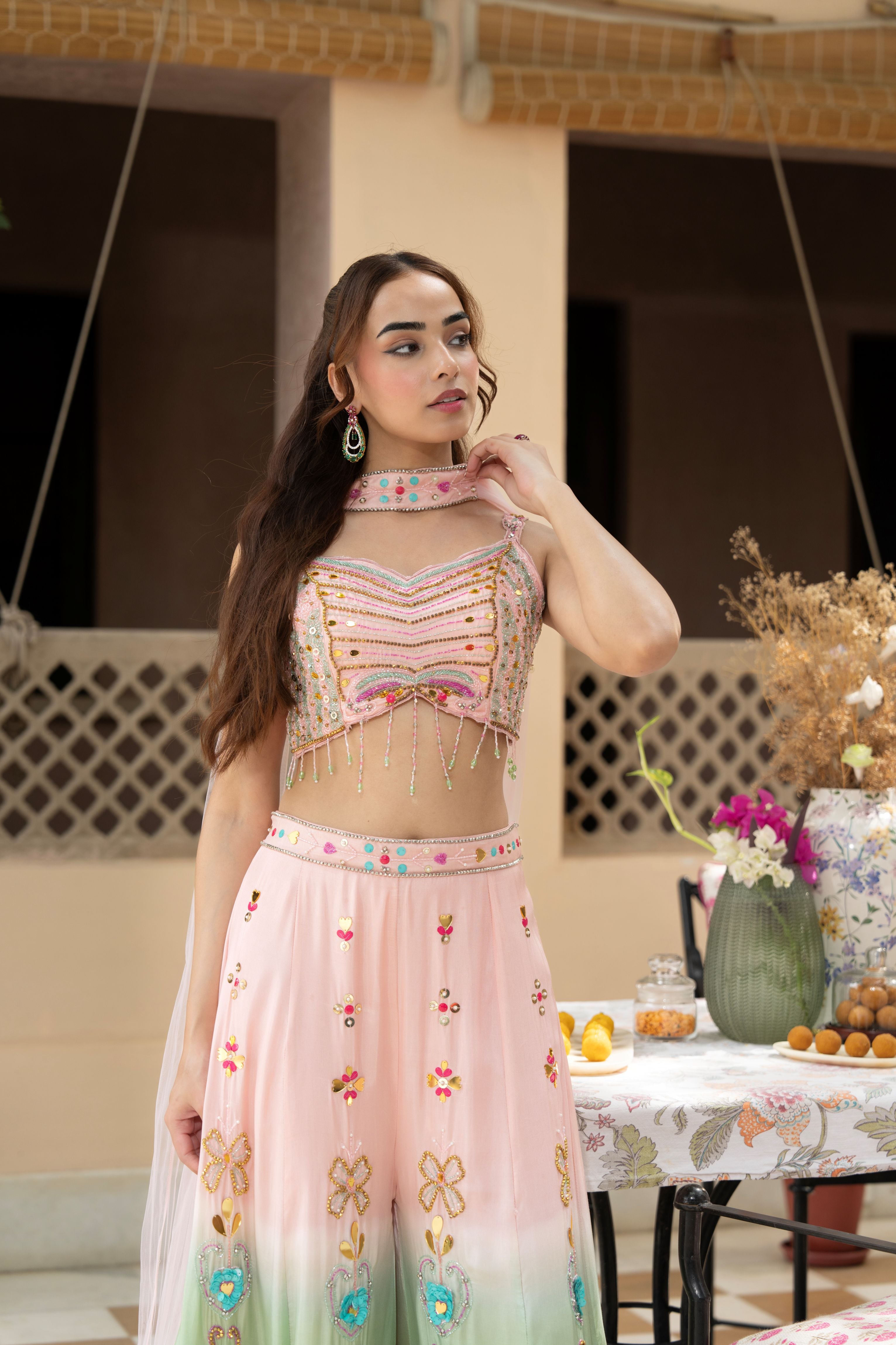 Pink Blush Embellished Crepe Silk Palazzo Set