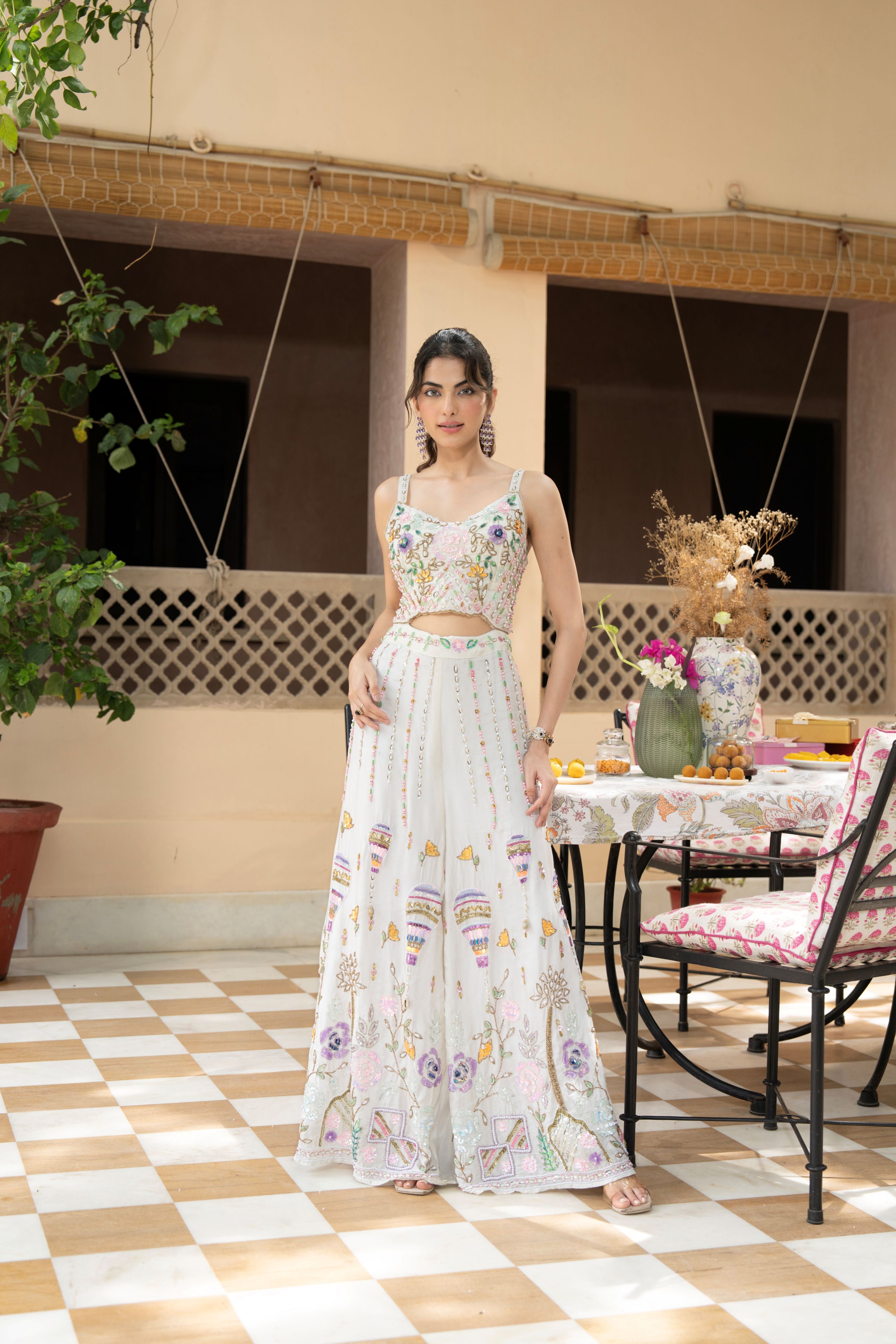 Ivory Charm Embellished Crepe Silk Jumpsuit
