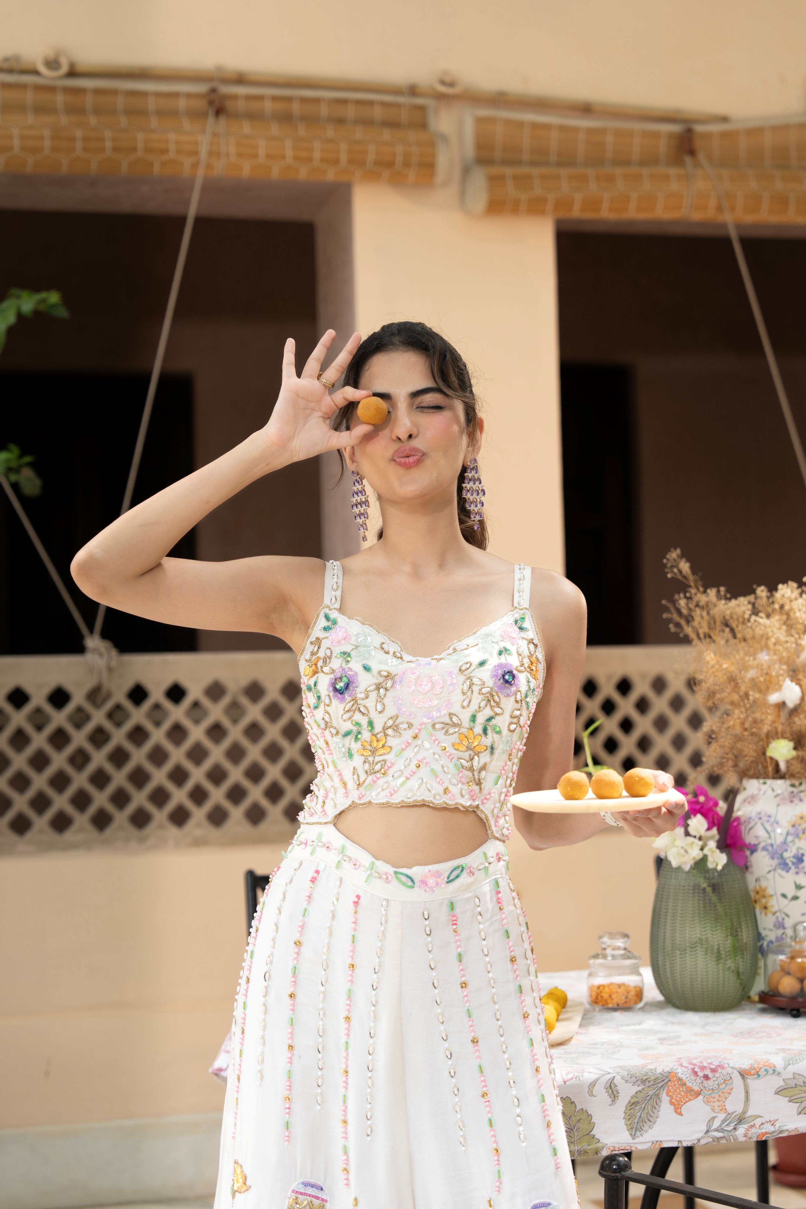 Ivory Charm Embellished Crepe Silk Jumpsuit