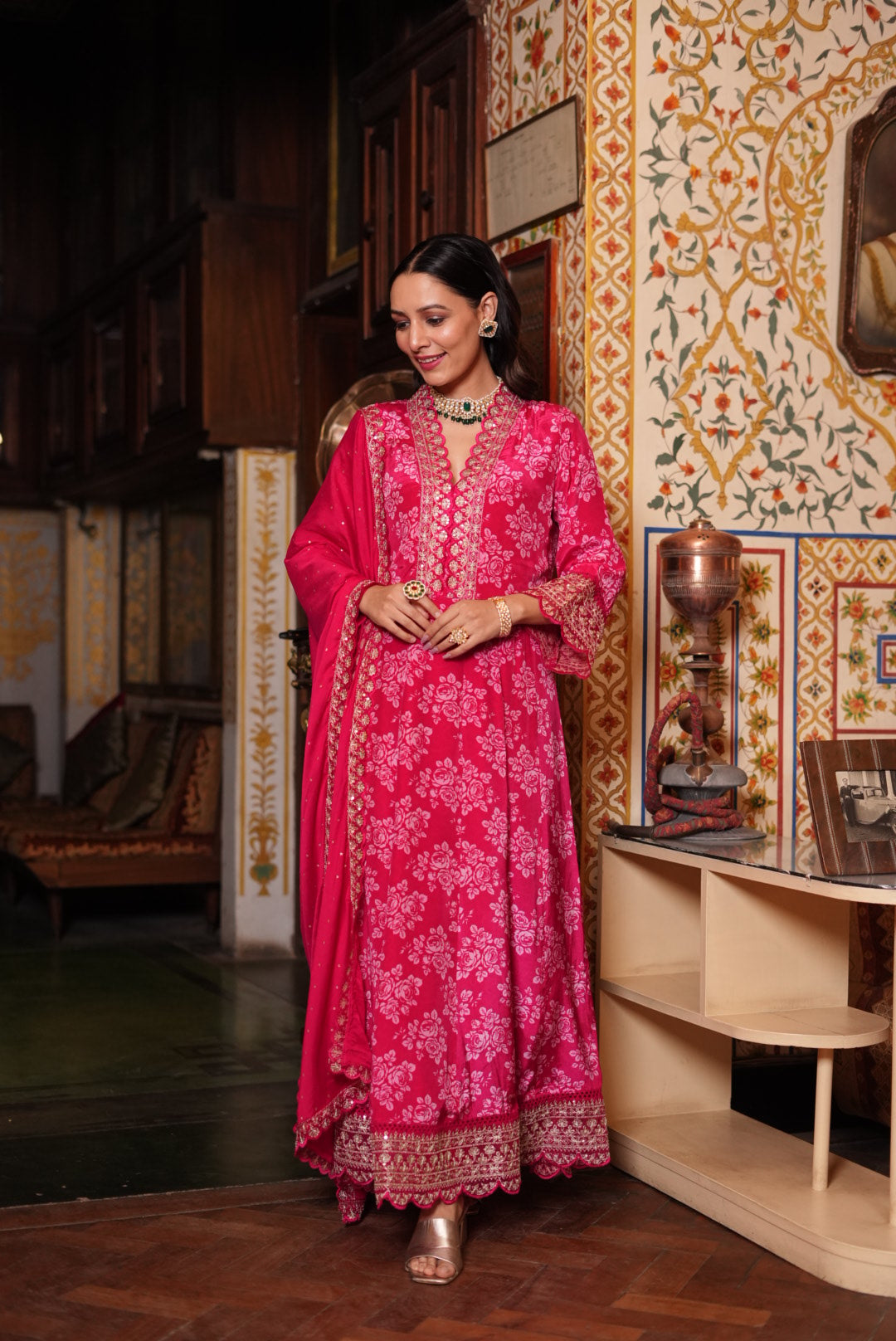 Rani Pink Floral Printed Premium Silk Anarkali Set