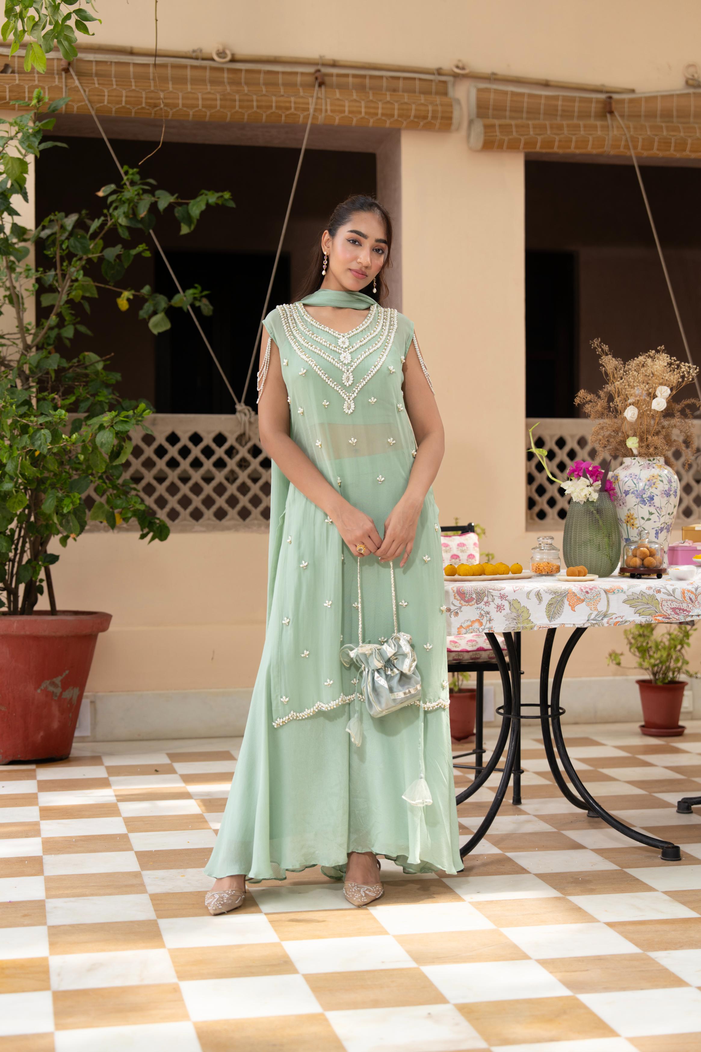 Mint Green Embellished Tissue Silk Palazzo Set