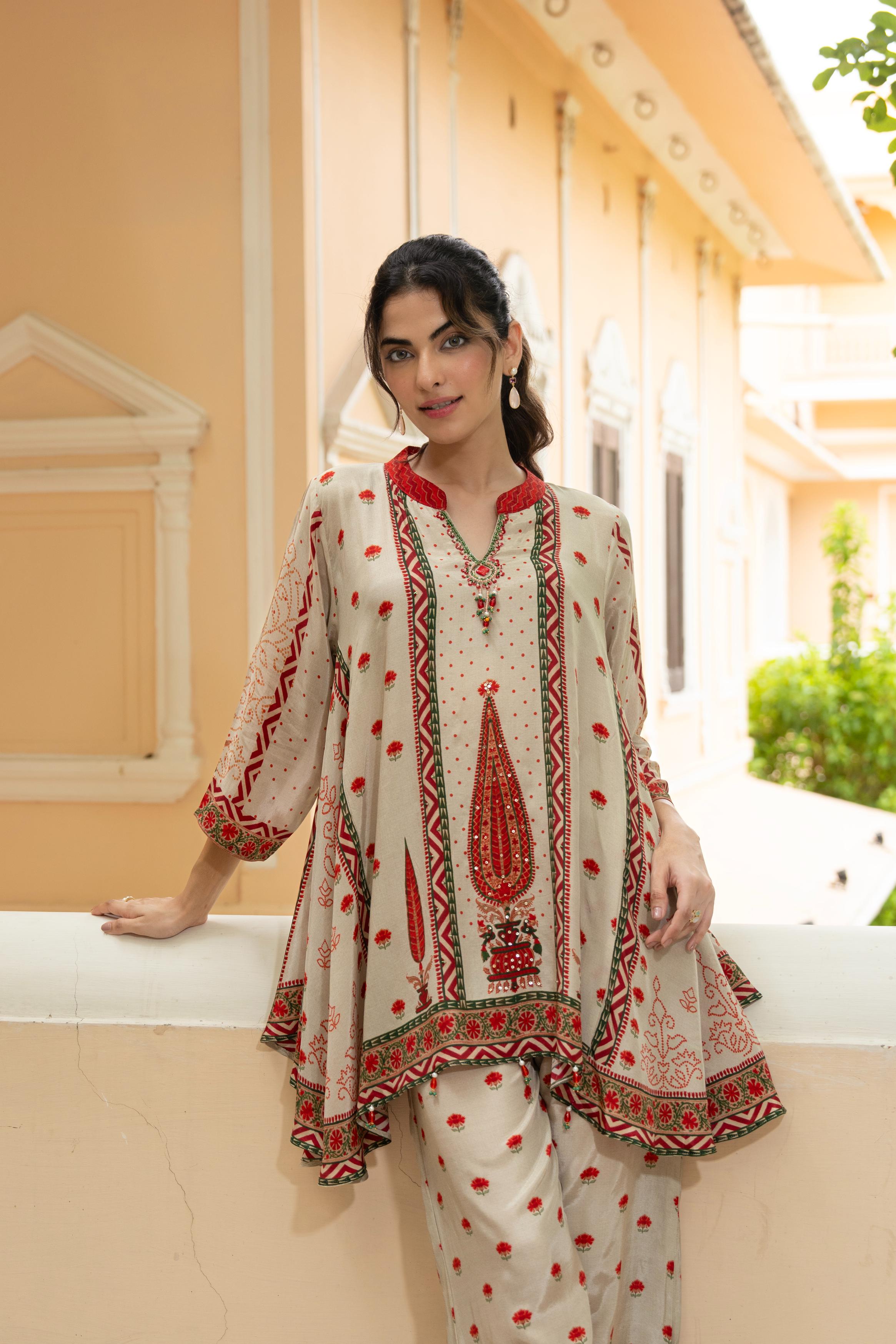 Natural Beige Printed Crepe Silk Co-ord Set