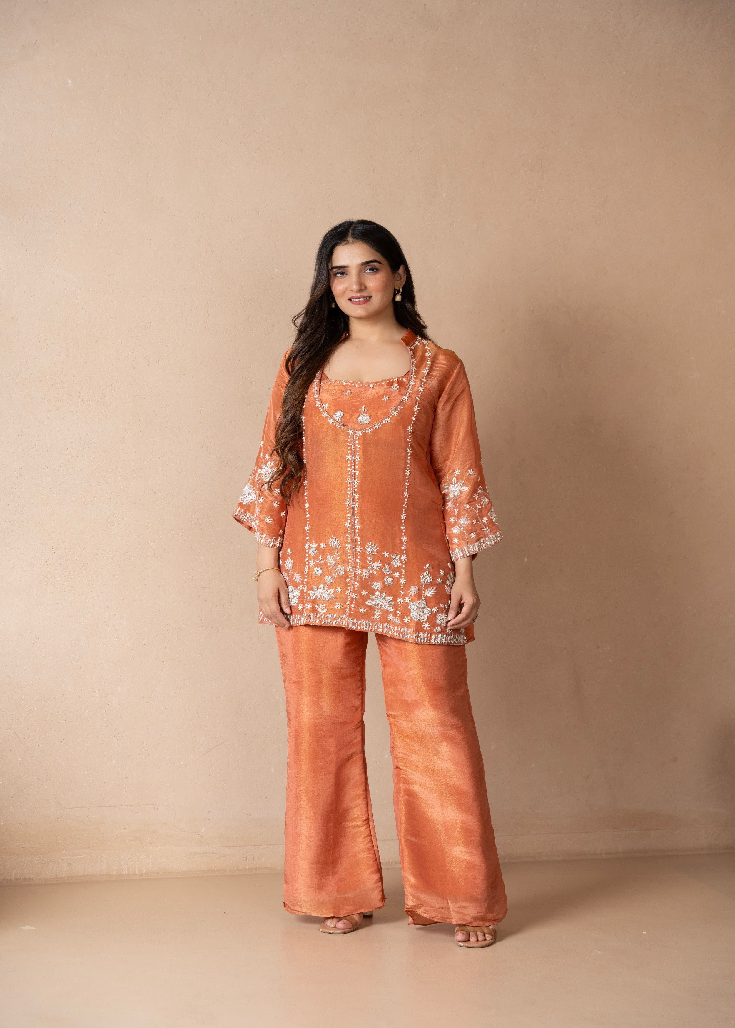 Tangerine Embellished Shimmer Tissue Silk Palazzo Set