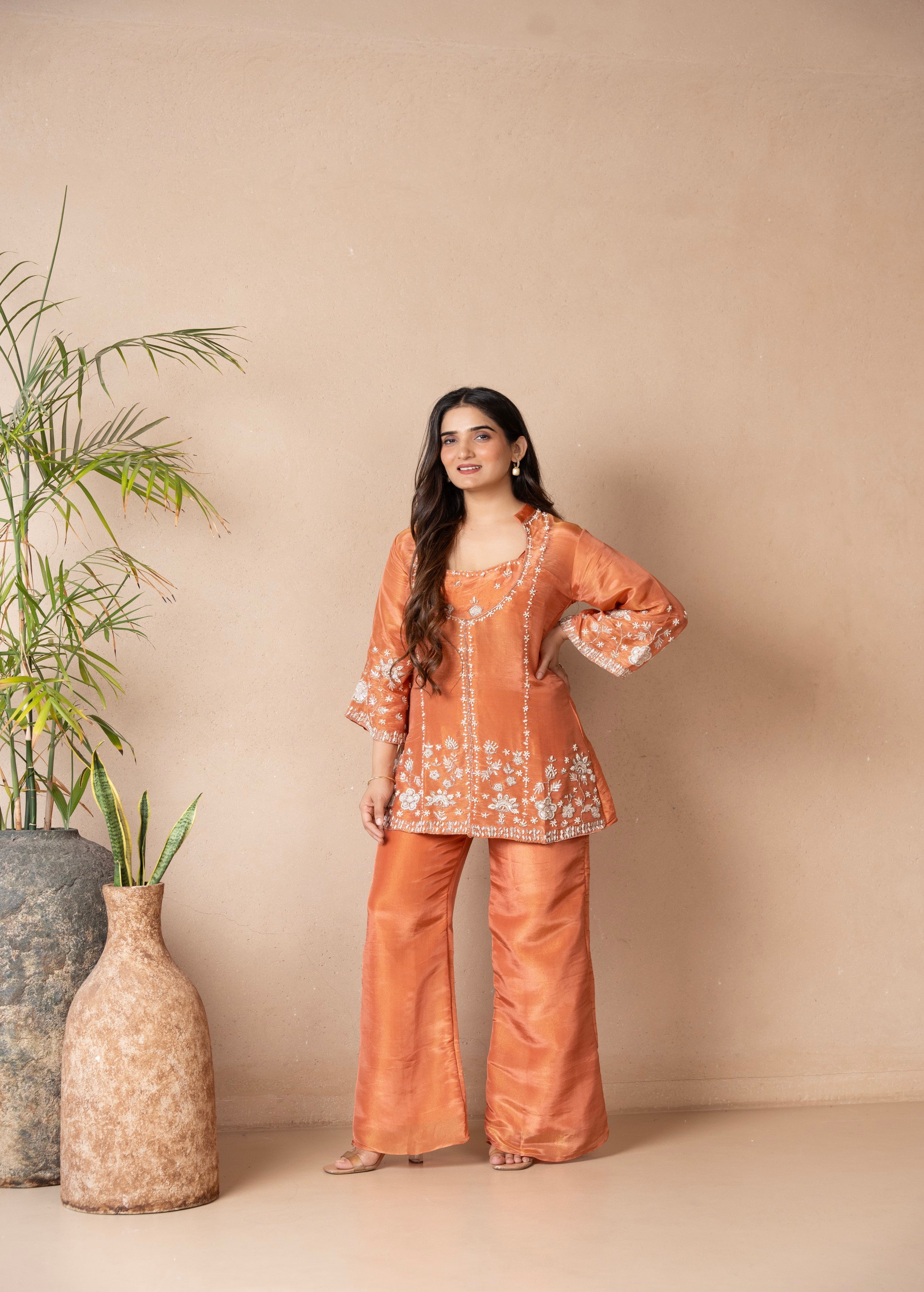 Tangerine Embellished Shimmer Tissue Silk Palazzo Set