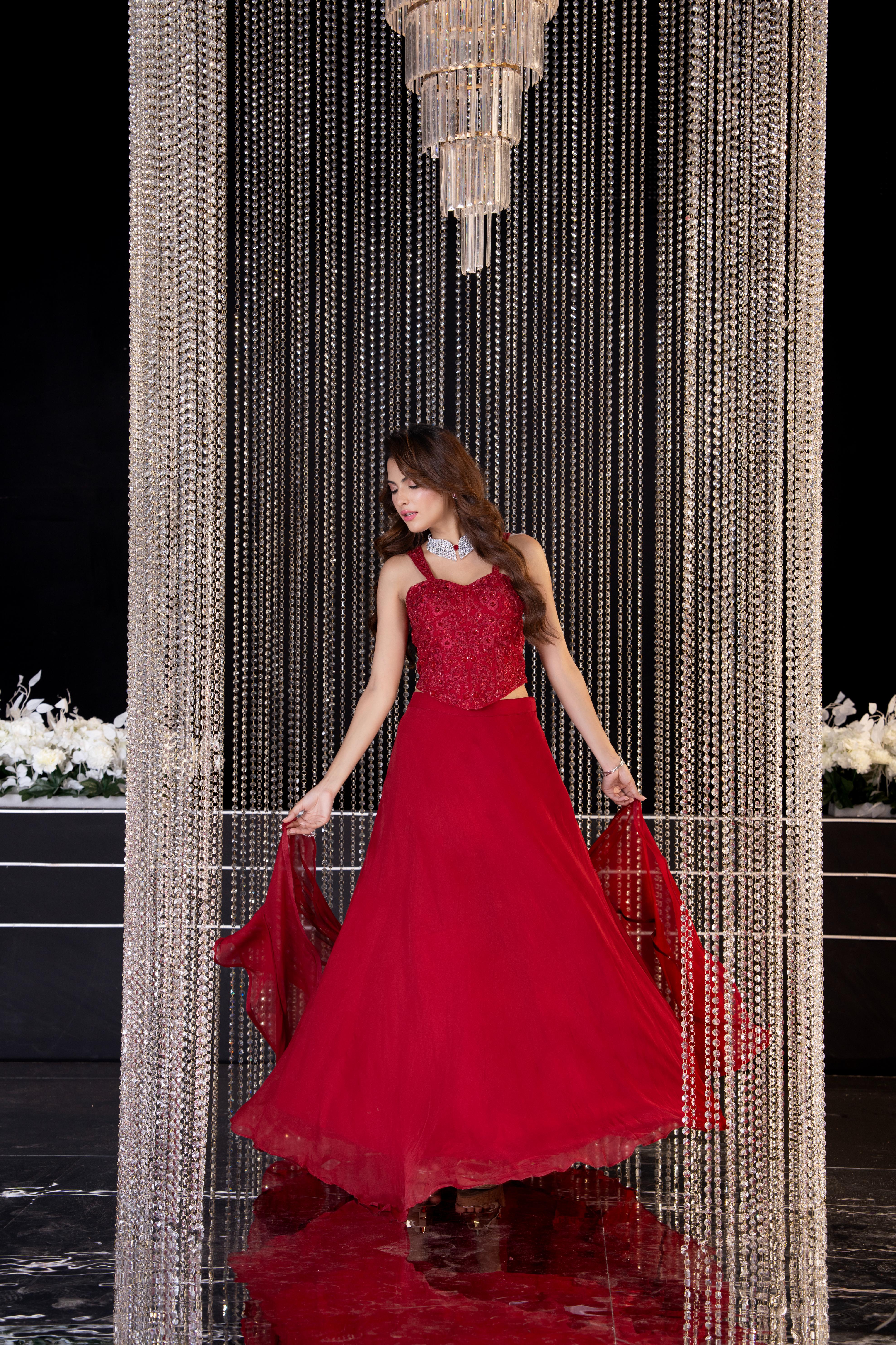 Maroon Red Embellished Soft Organza Skirt Set