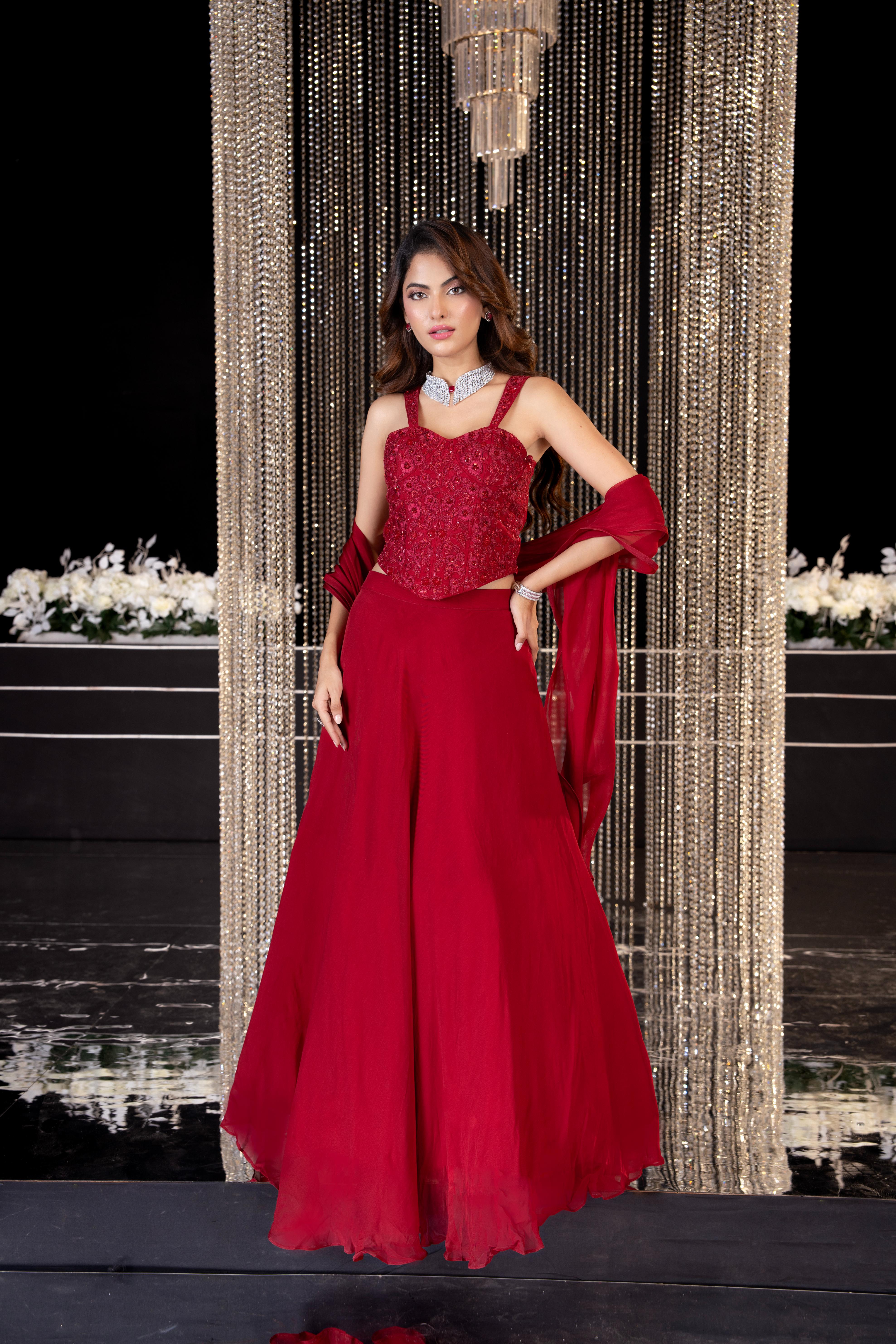 Maroon Red Embellished Soft Organza Skirt Set