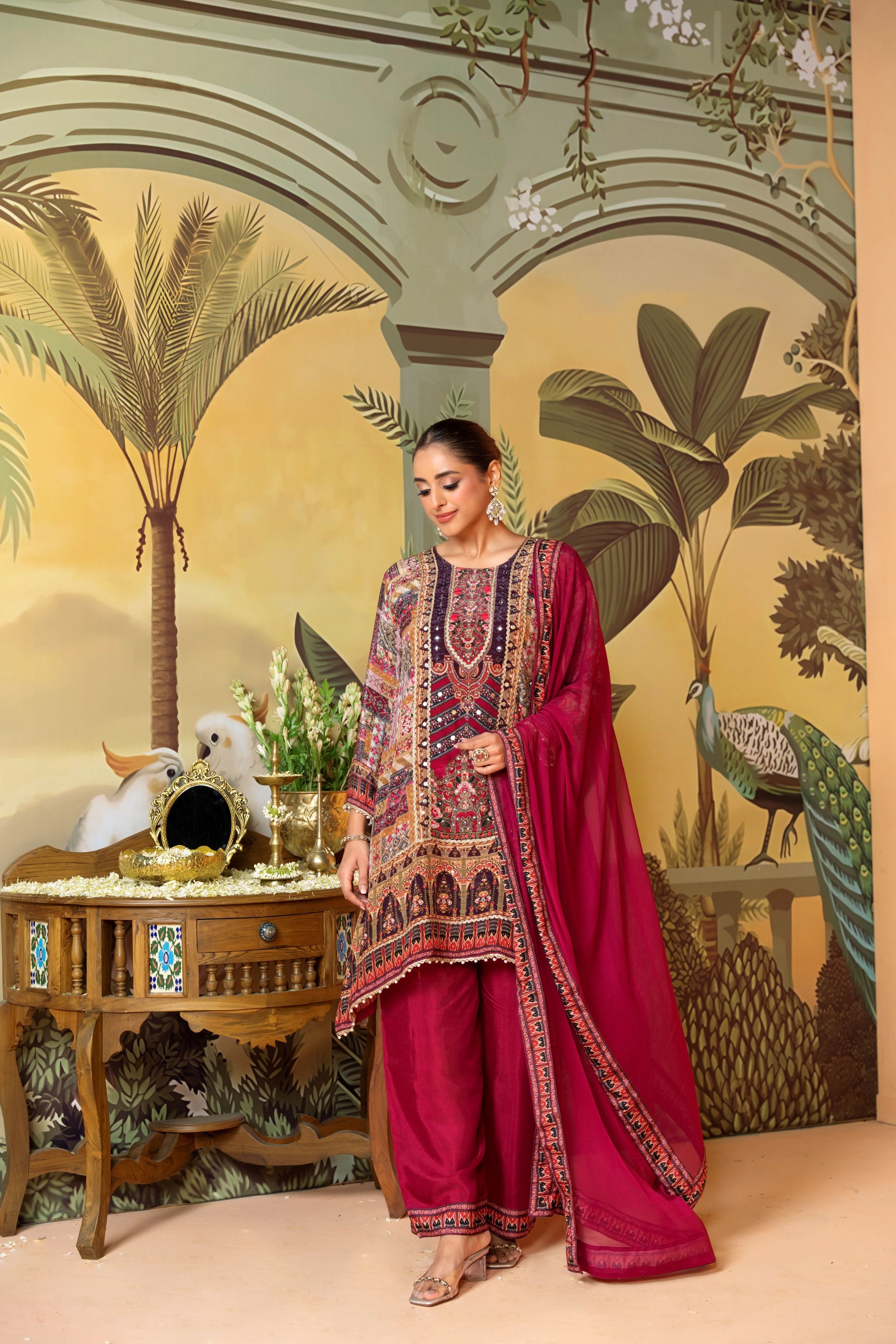 Magenta Pink Embellished Satin Silk Palazzo Set