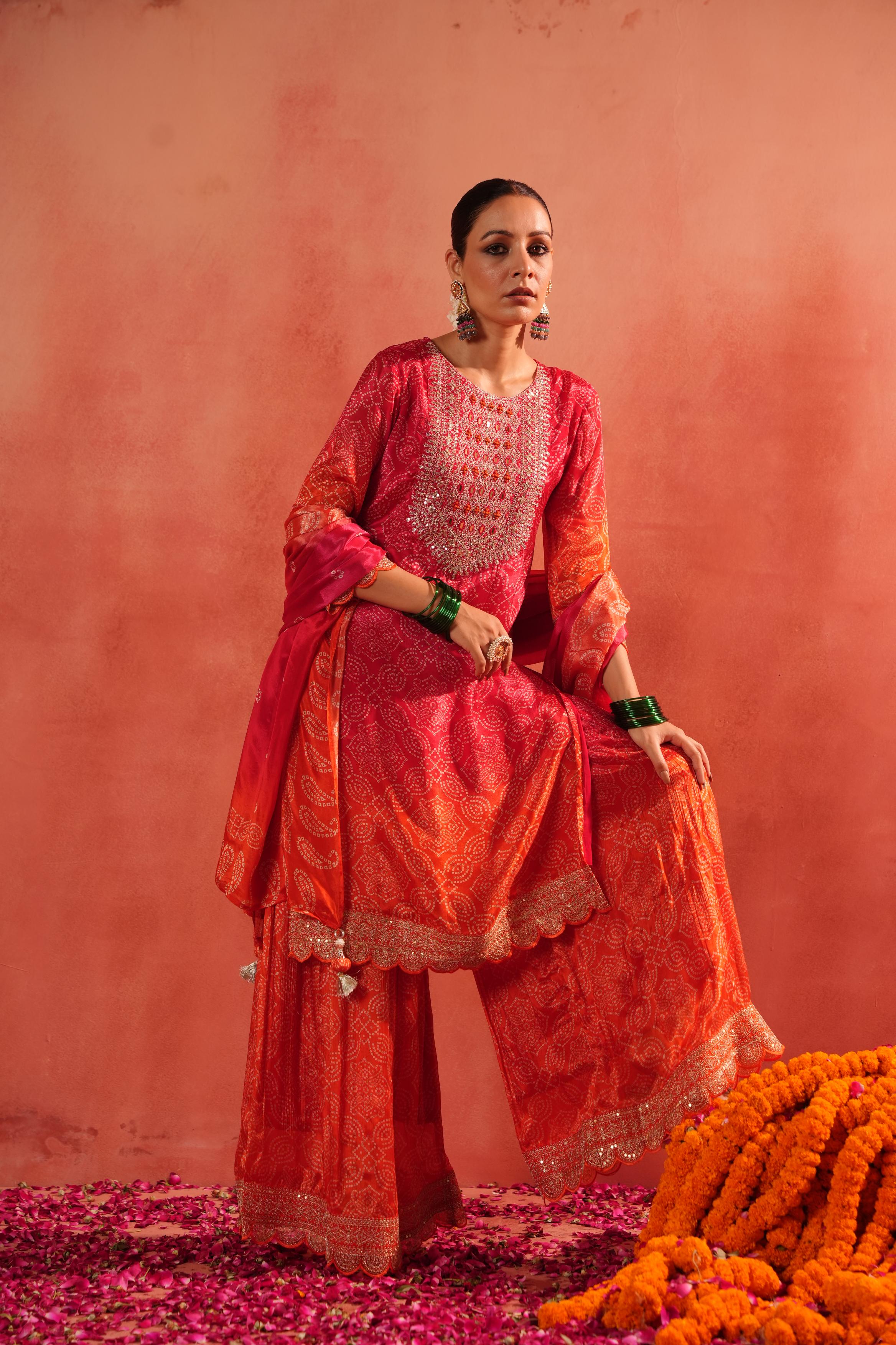 Red Bandhej Ombre Dyed German Silk Sharara Set