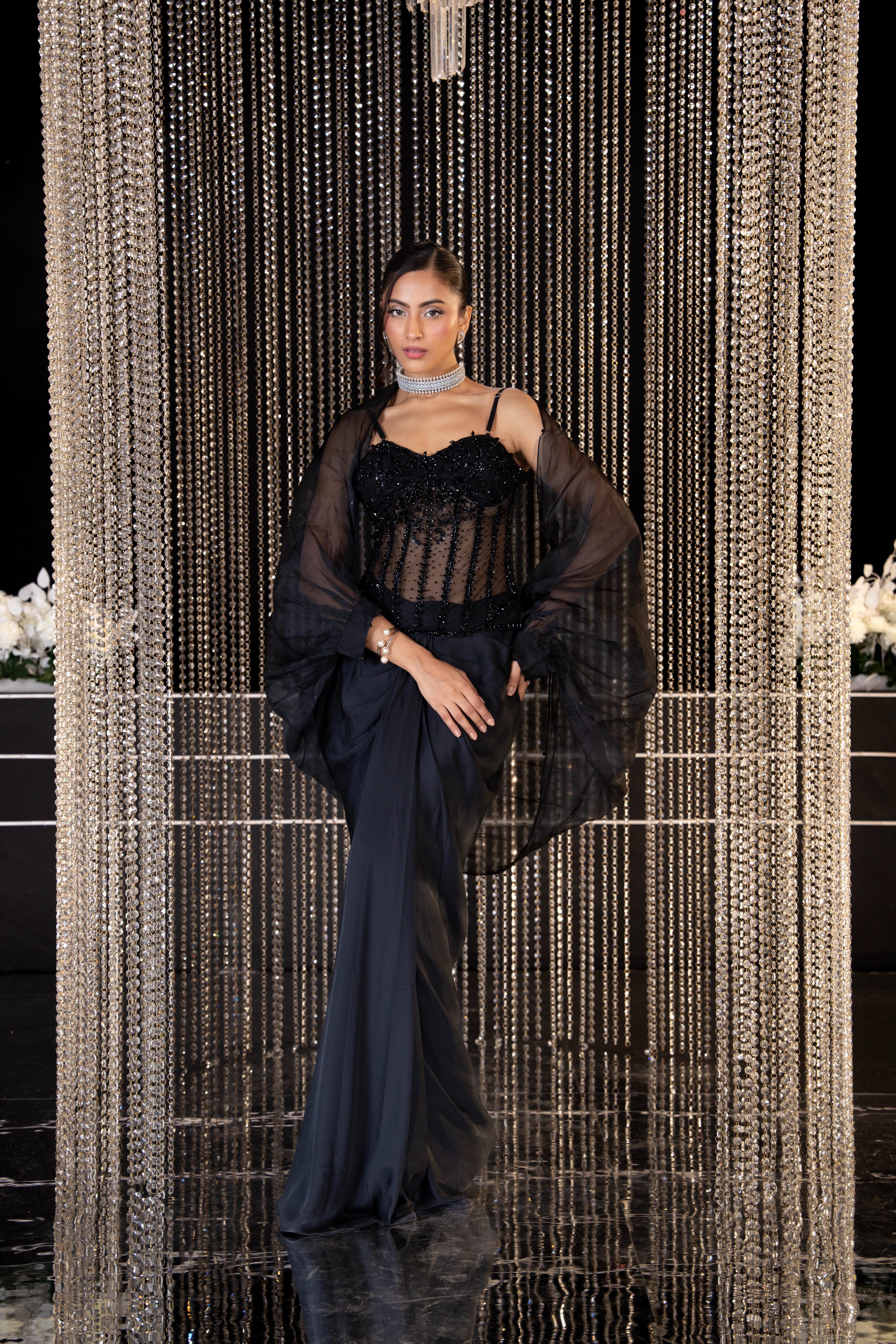 Hot Black Embellished Satin Silk Drape Skirt Set