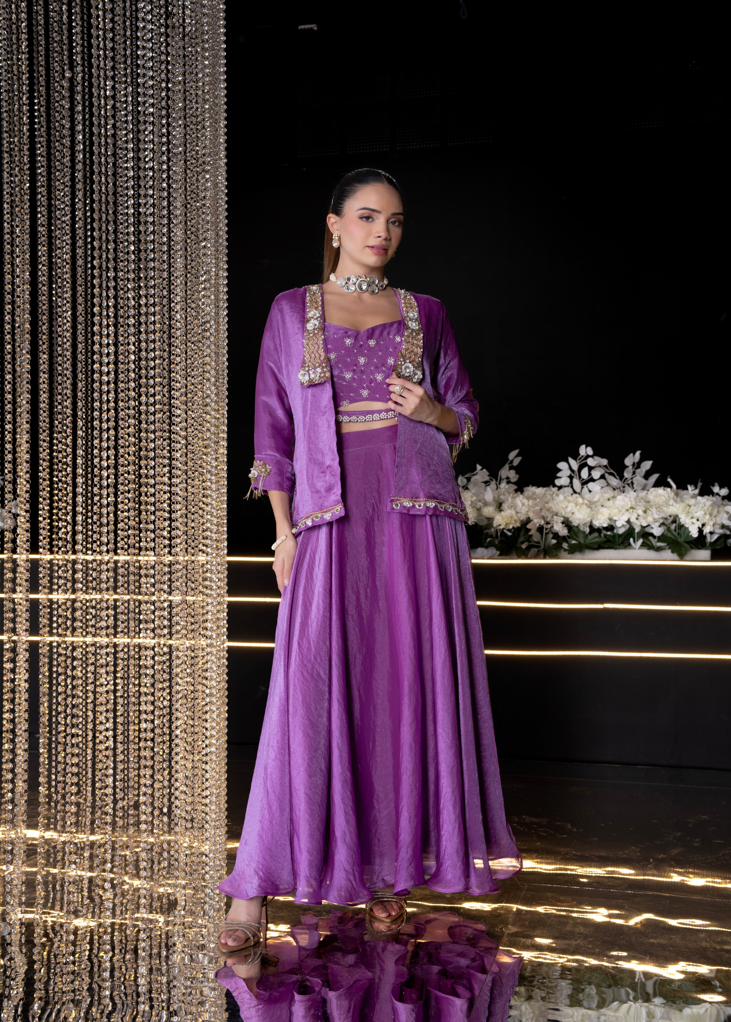 Mauve Embellished Shimmer Silk Jacket Skirt Set