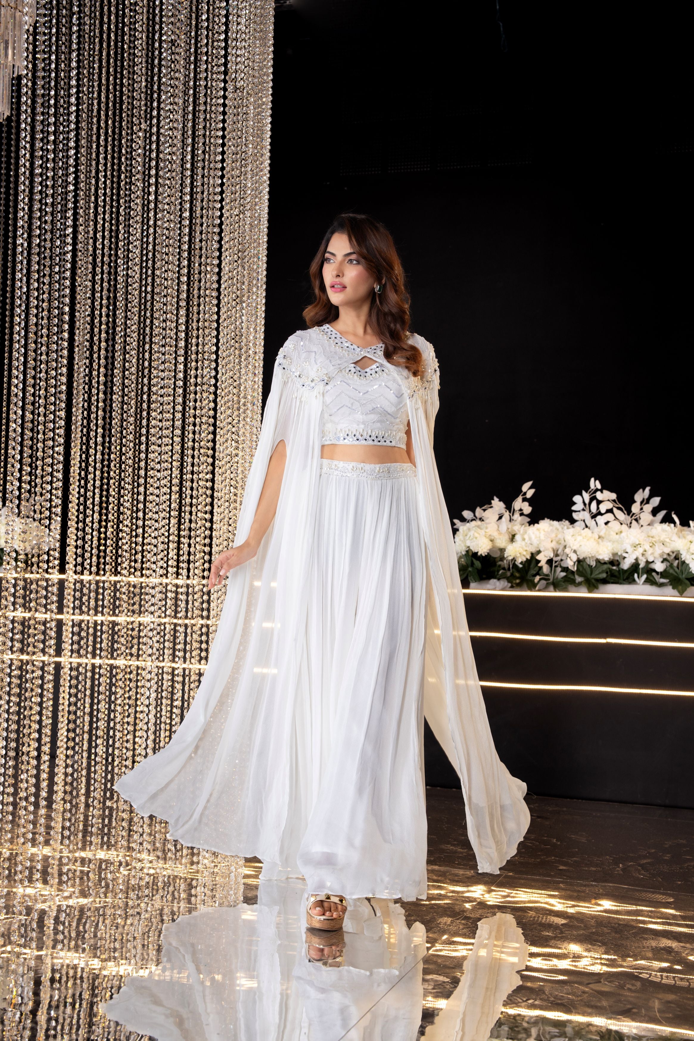 Tissue White Embellished Chinon Silk Cape Set