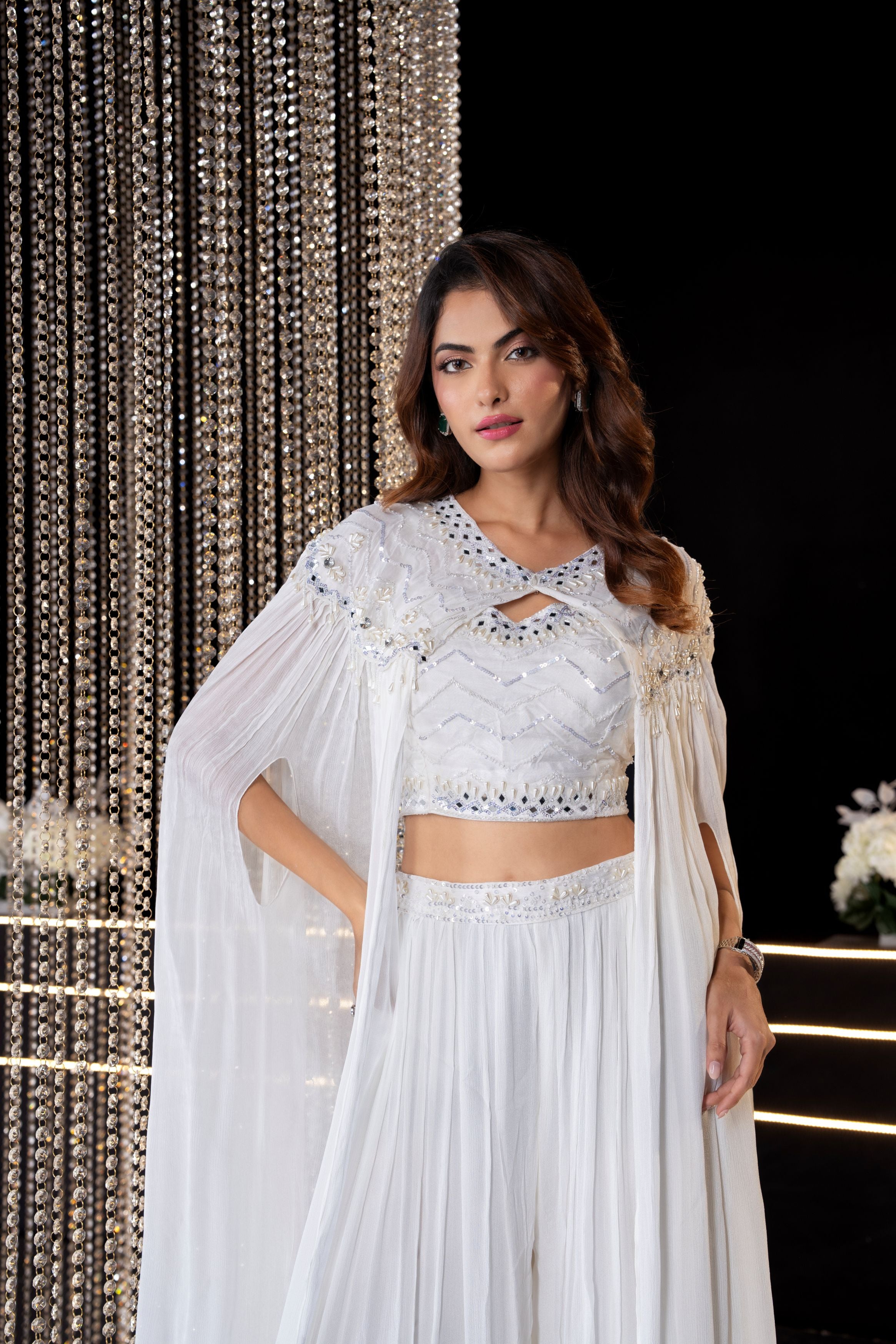 Tissue White Embellished Chinon Silk Cape Set