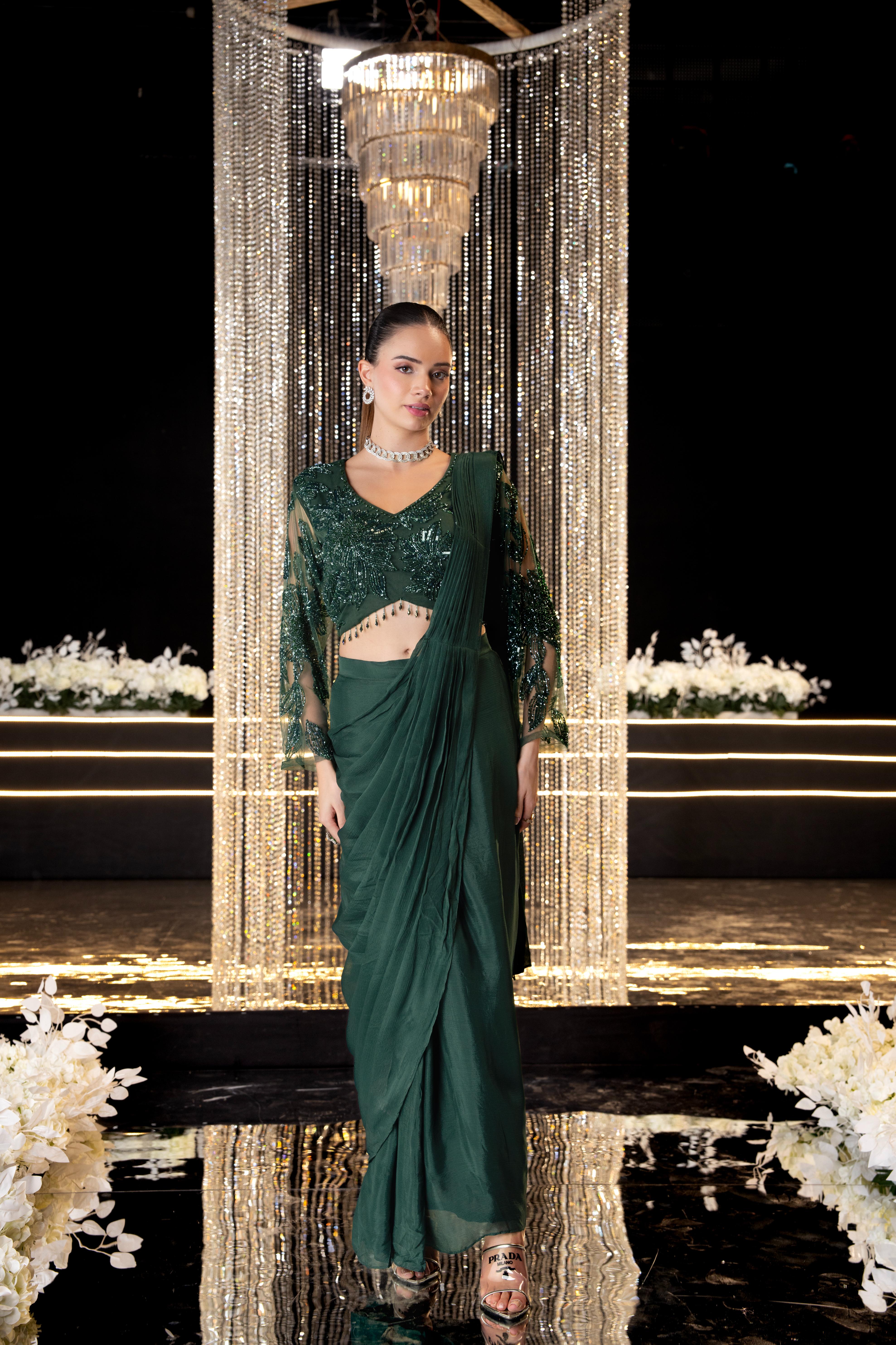 Emerald Green Embellished Premium Silk Draped Saree