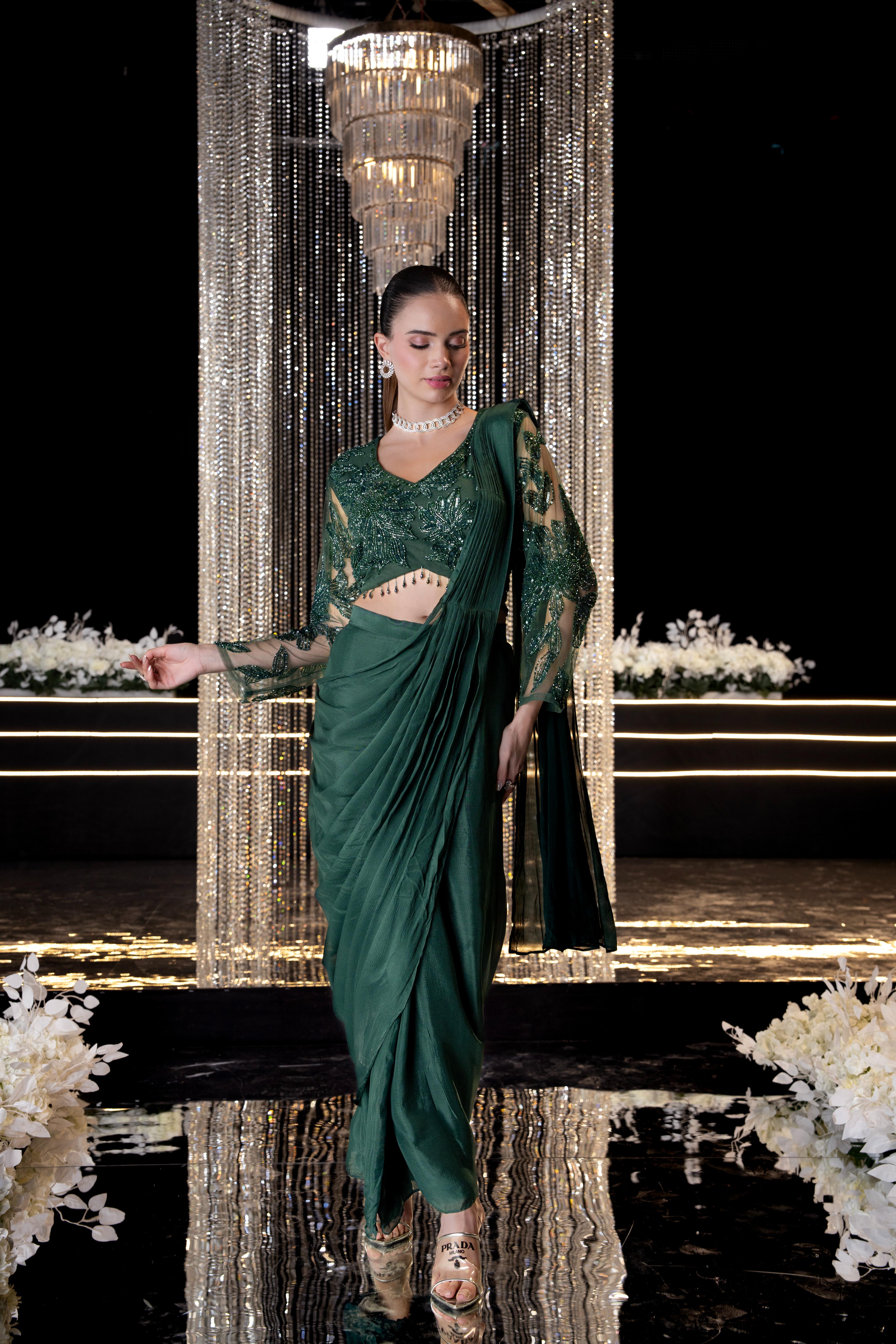Emerald Green Embellished Premium Silk Draped Saree