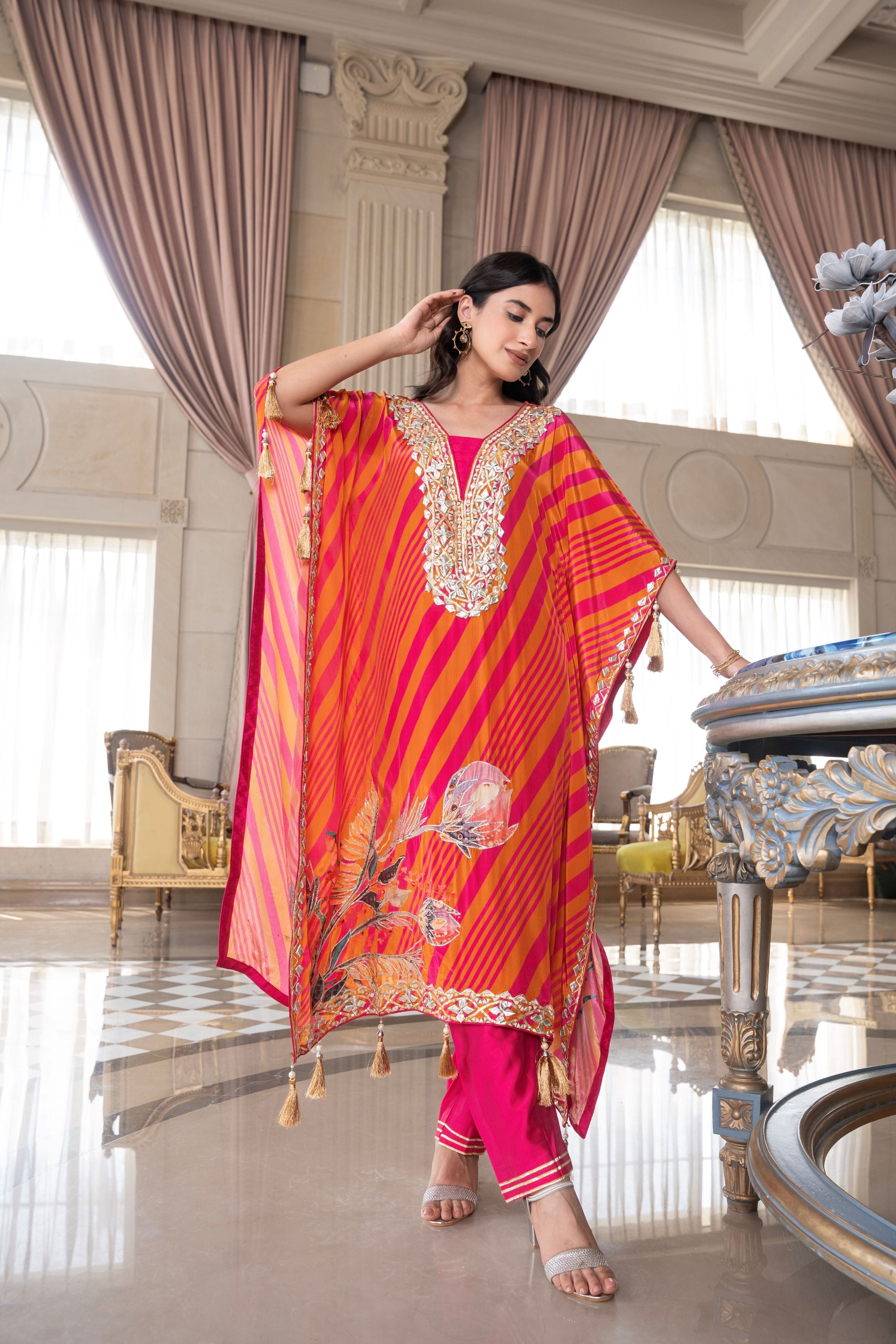 Orange Printed Crepe Silk Kaftan Set