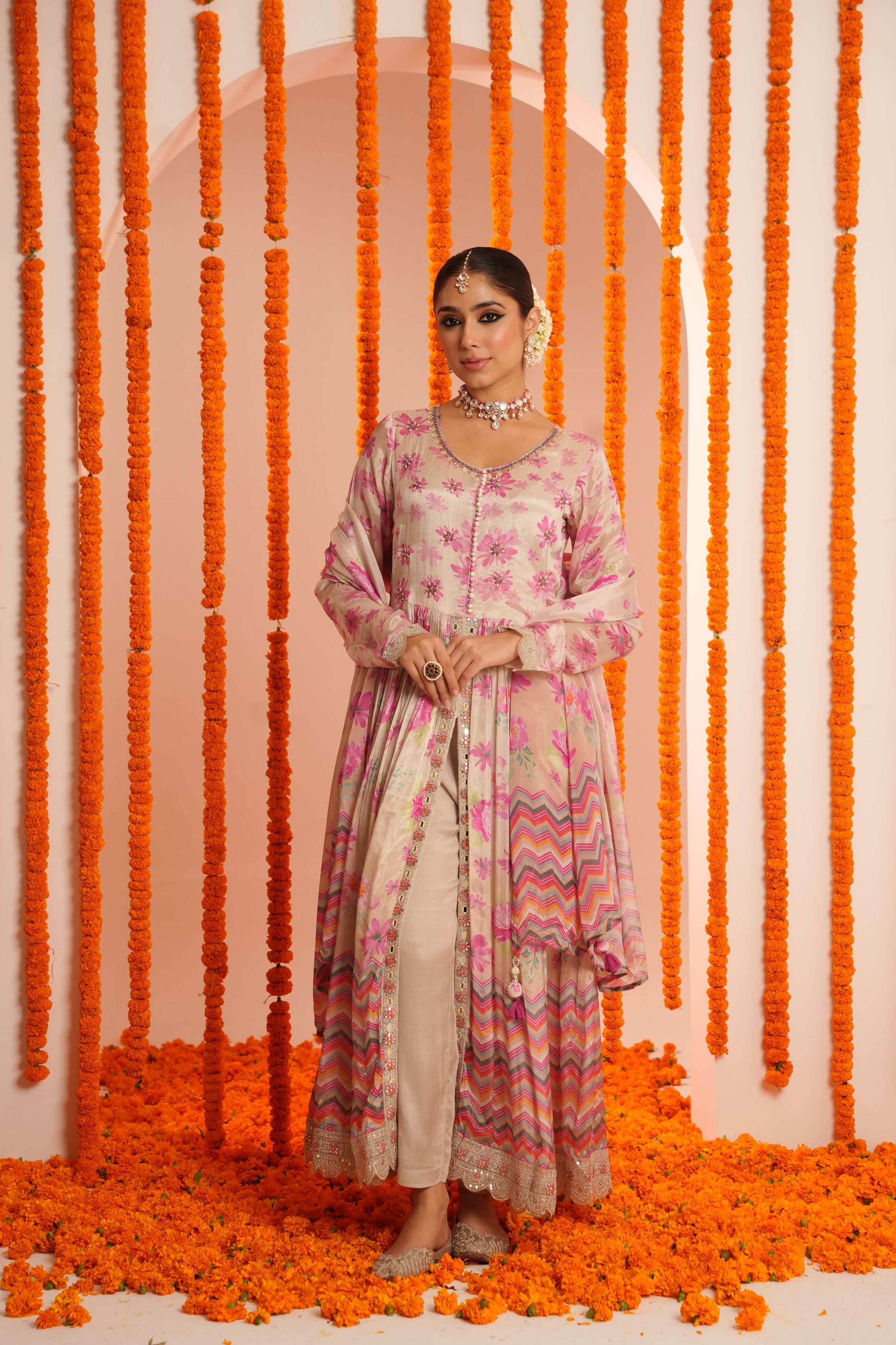 Champagne Gold Floral Printed Italian Silk Anarkali Set