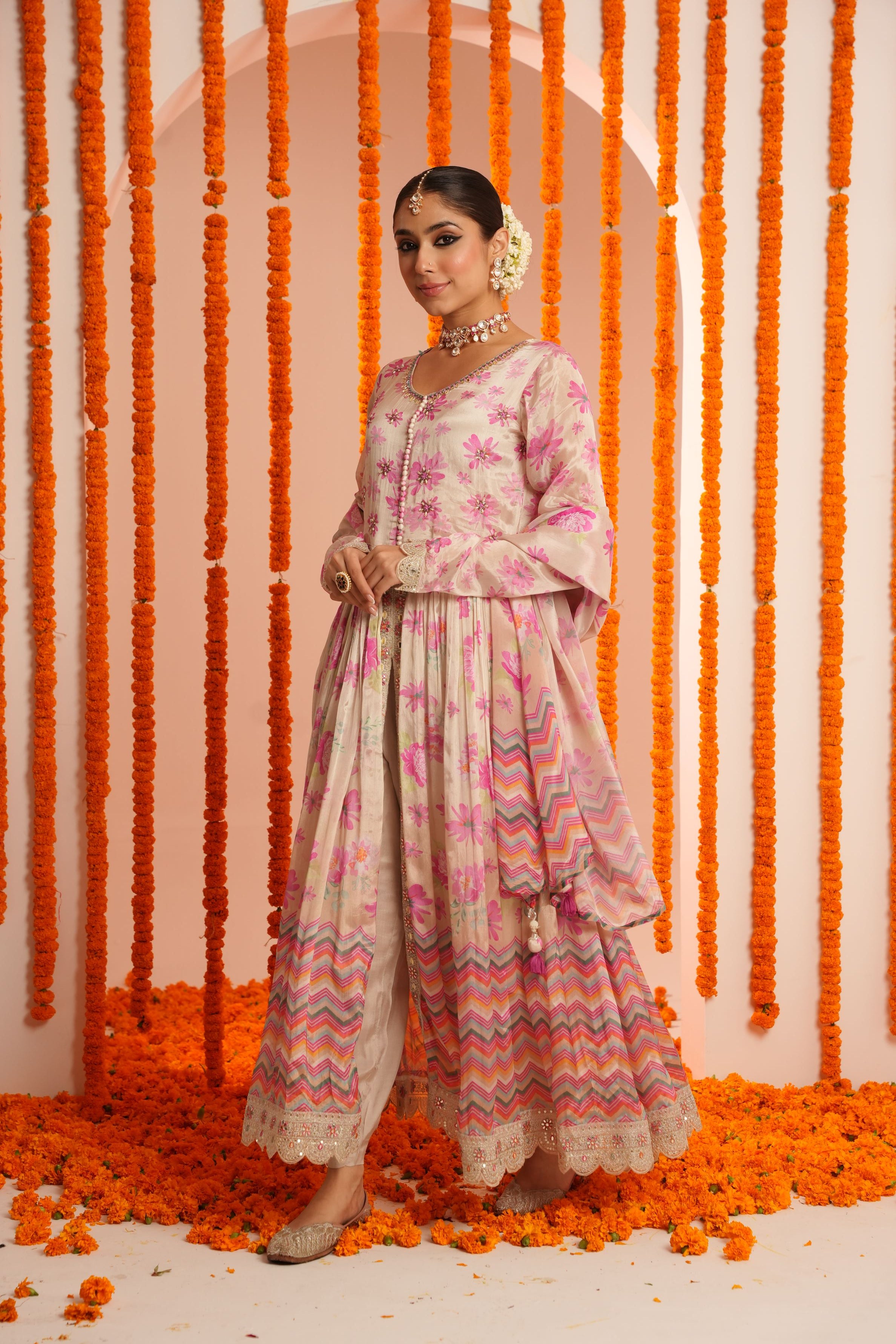 Champagne Gold Floral Printed Italian Silk Anarkali Set