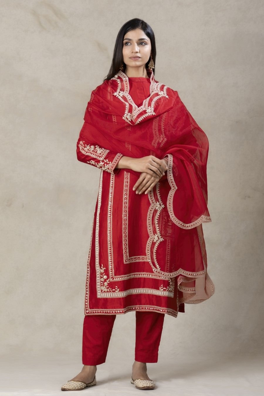 Scarlet Red Modal Silk Kurta Pant Set With Dupatta