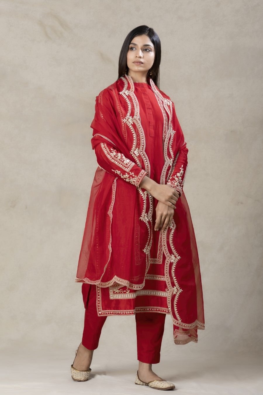 Scarlet Red Modal Silk Kurta Pant Set With Dupatta