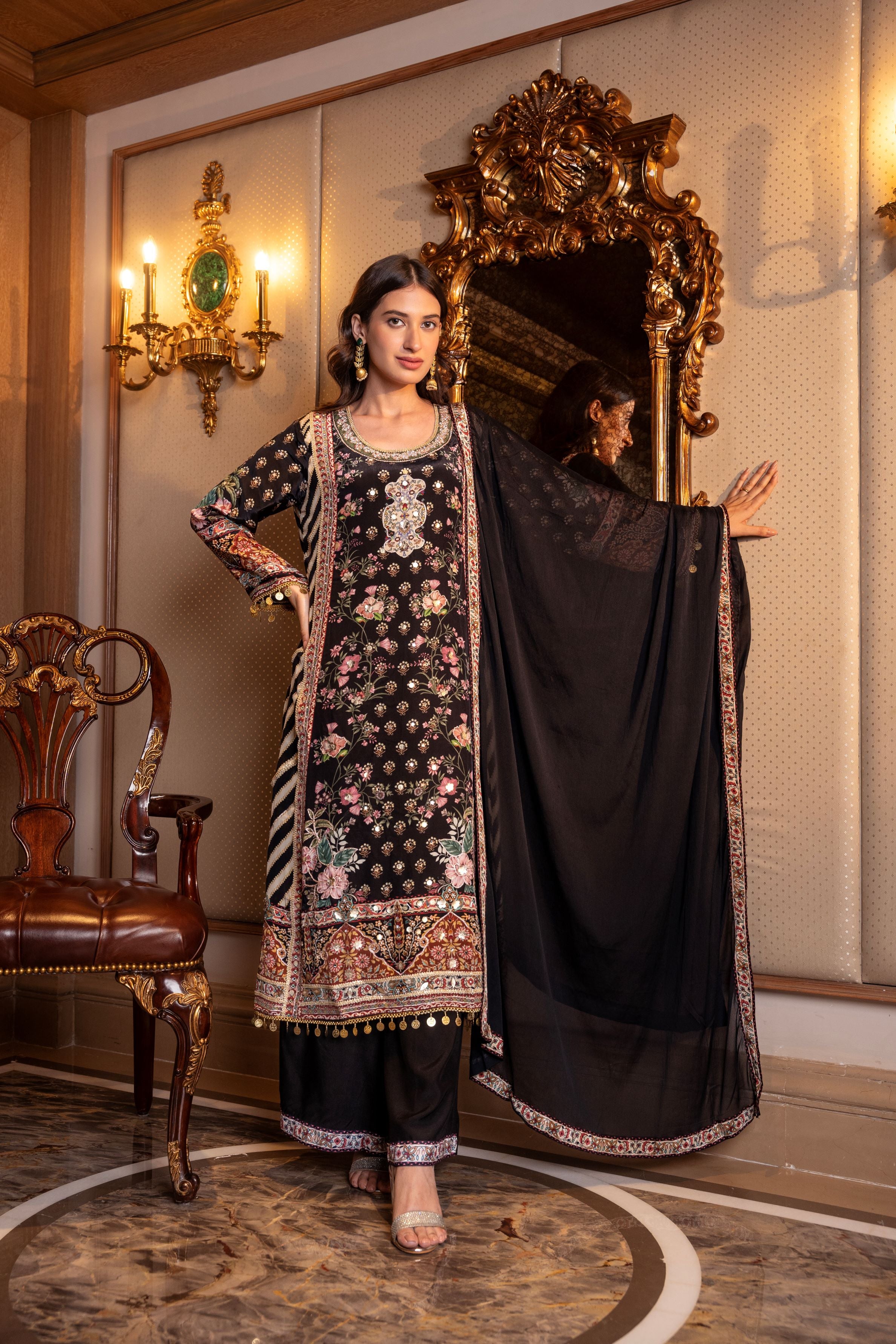 Black Ethnic Printed Crepe Silk Palazzo Set