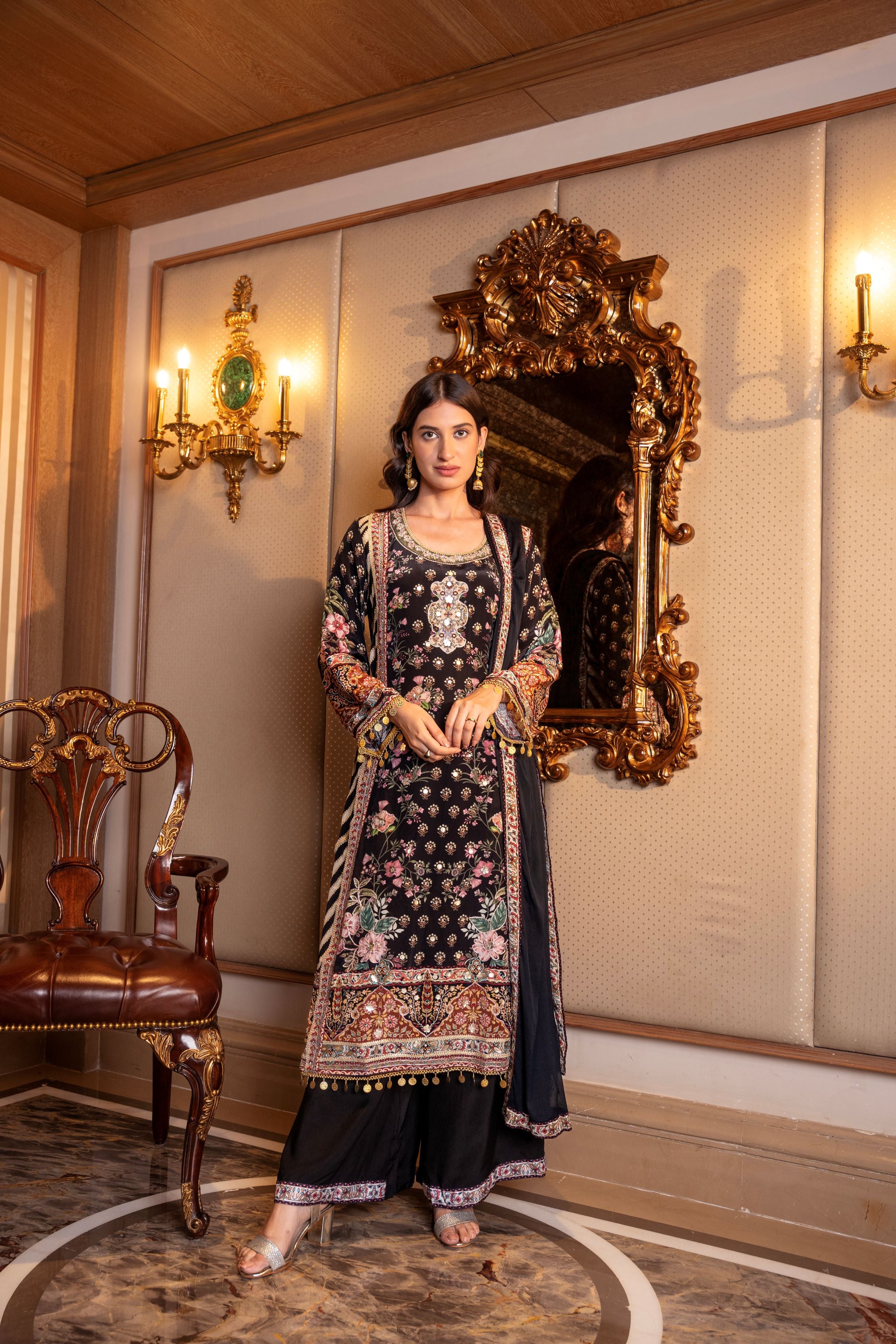 Black Ethnic Printed Crepe Silk Palazzo Set