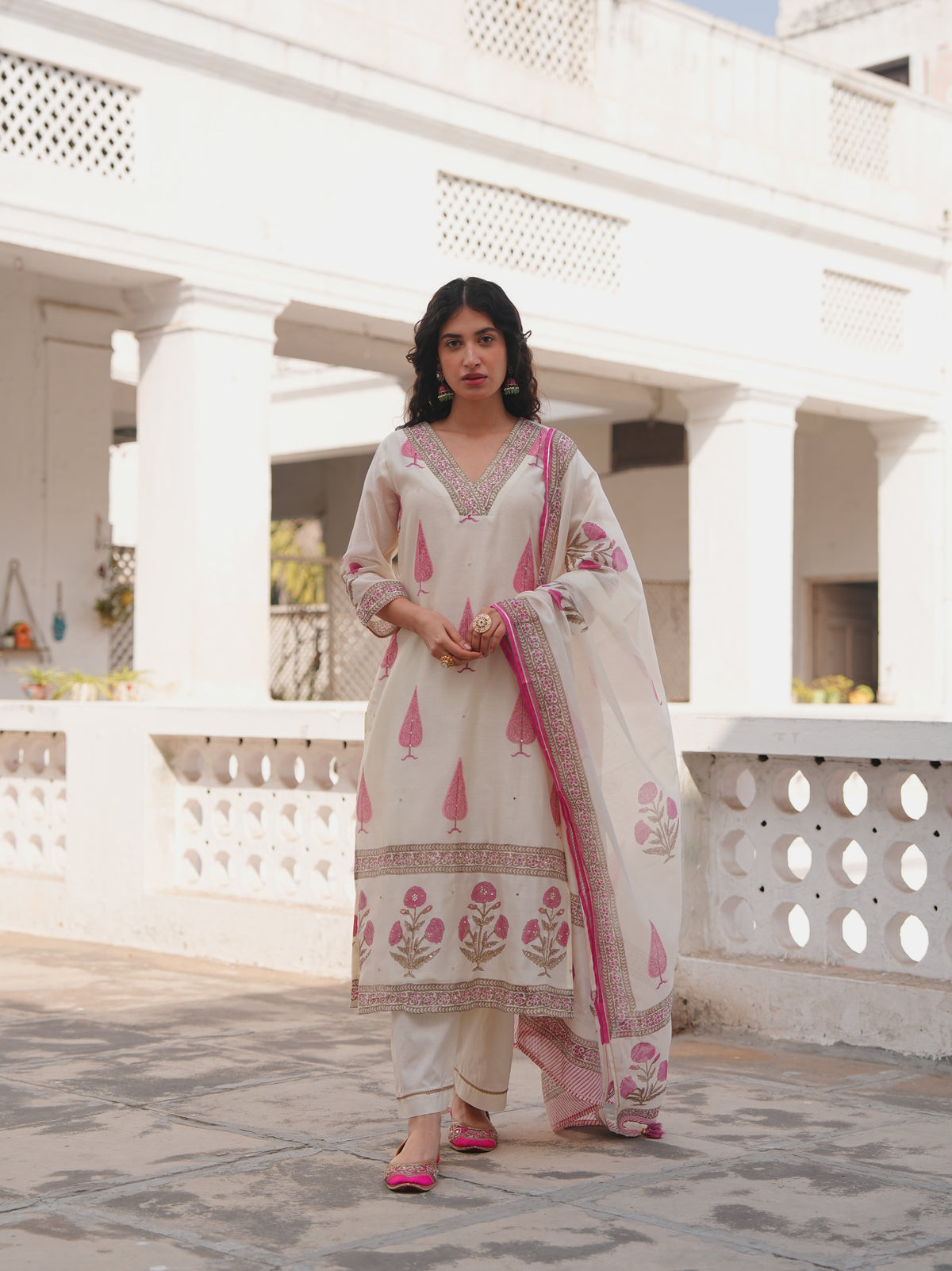 Pink Printed Chanderi Silk Pant Set